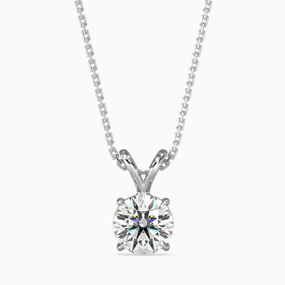 White gold solitaire lab grown diamond necklace on a white background.