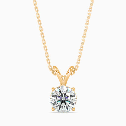 Yellow gold necklace with a round solitaire lab grown diamond pendant on a white background