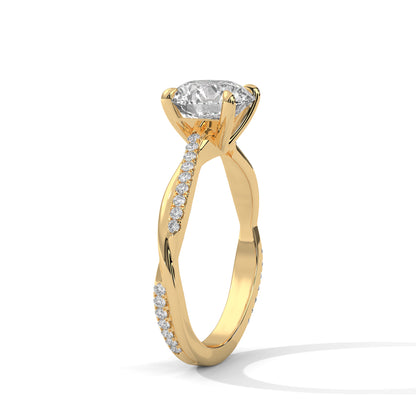 Gold and lab grown diamond ring on a white background