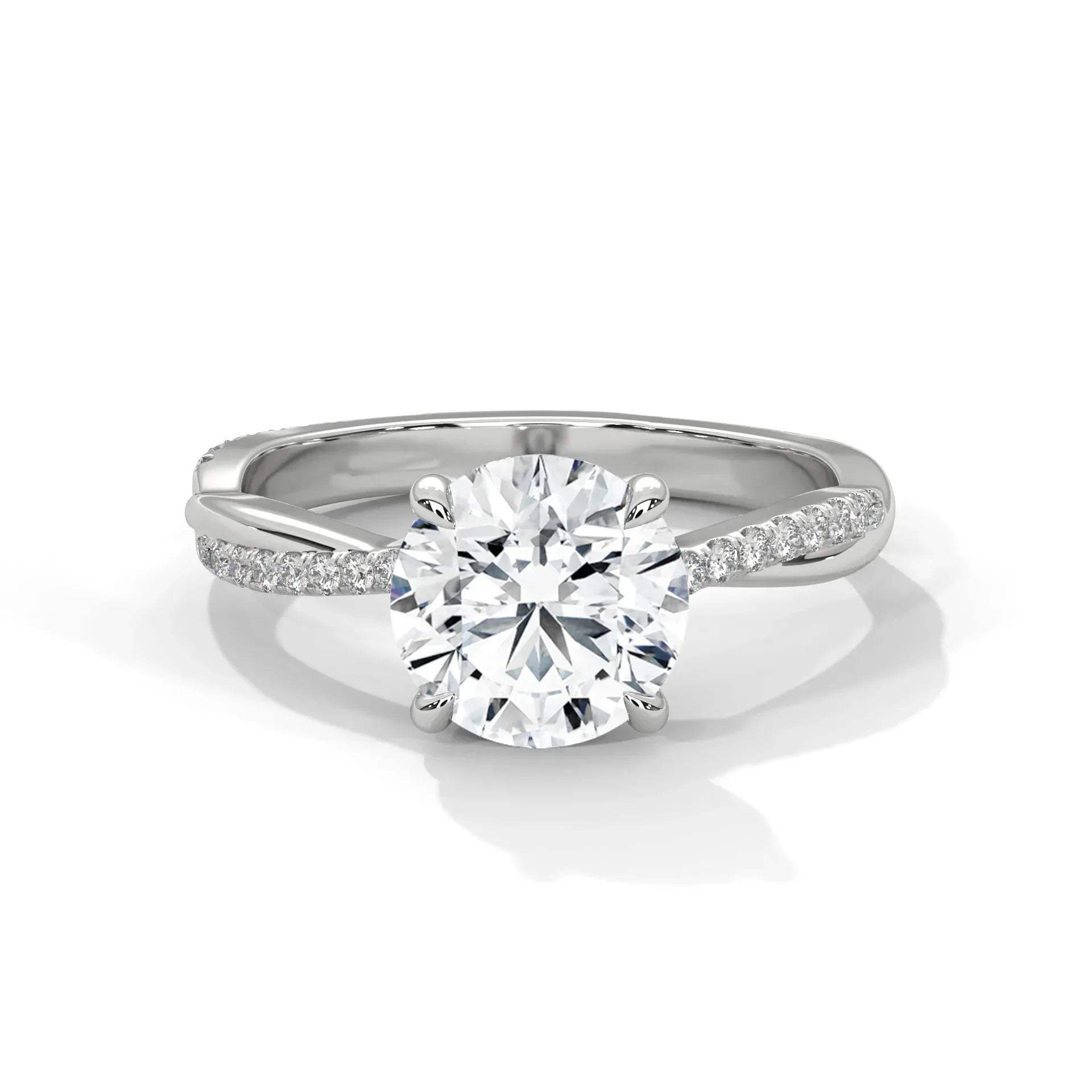 Gold and lab grown diamond ring on a white background.