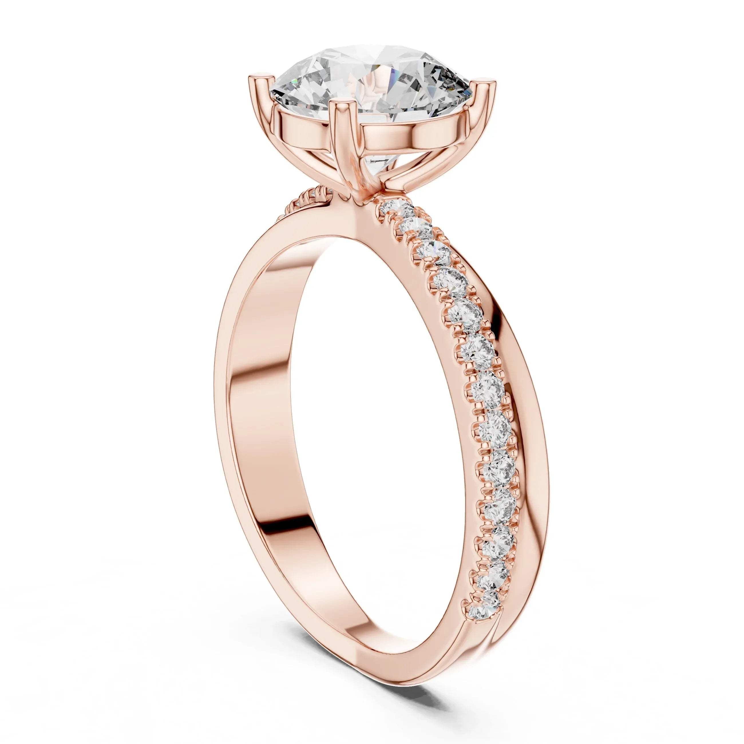 Rose gold ring with a large lab grown diamond and smaller lab grown diamonds on the band against a white background