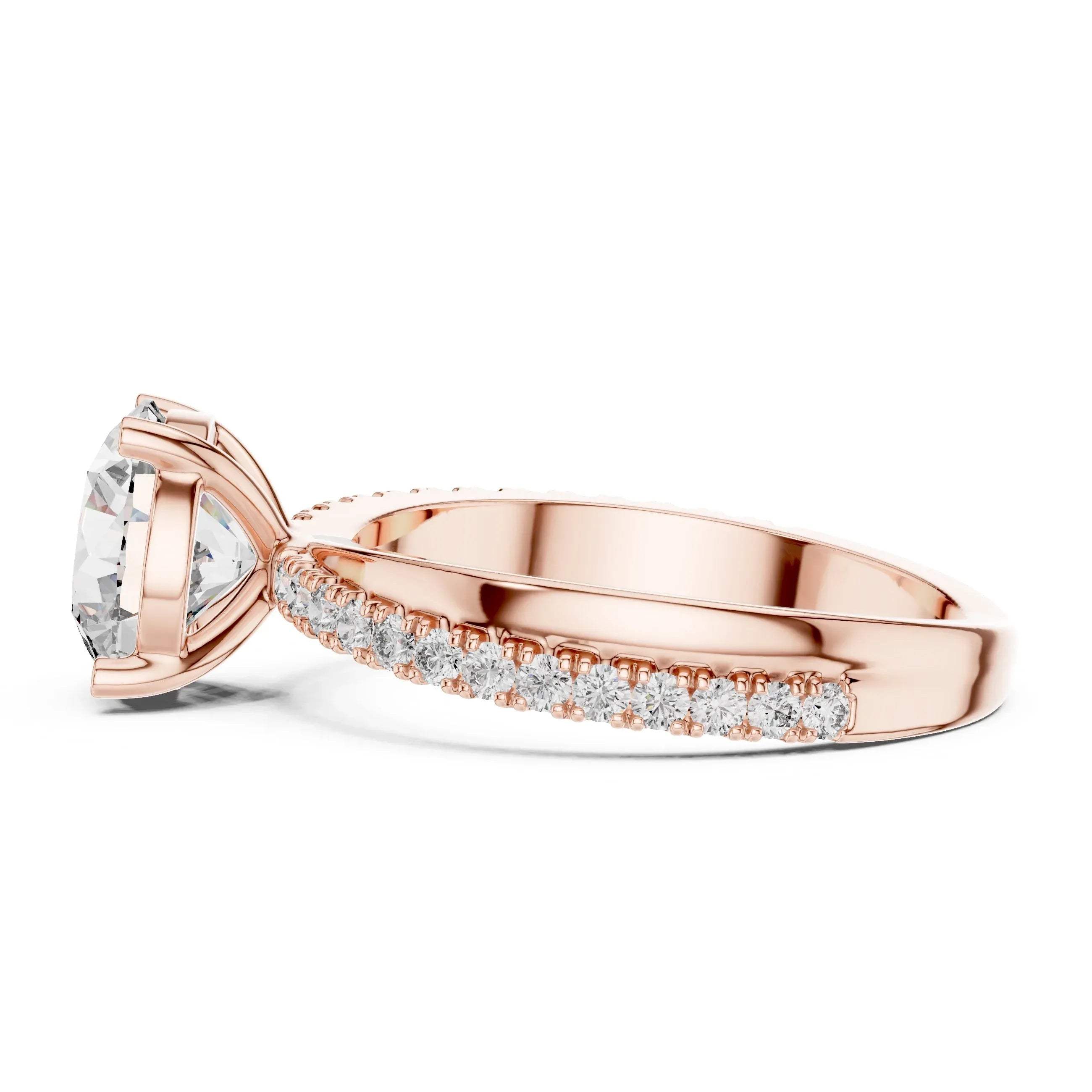 Rose gold ring with lab grown diamond accents on a white background