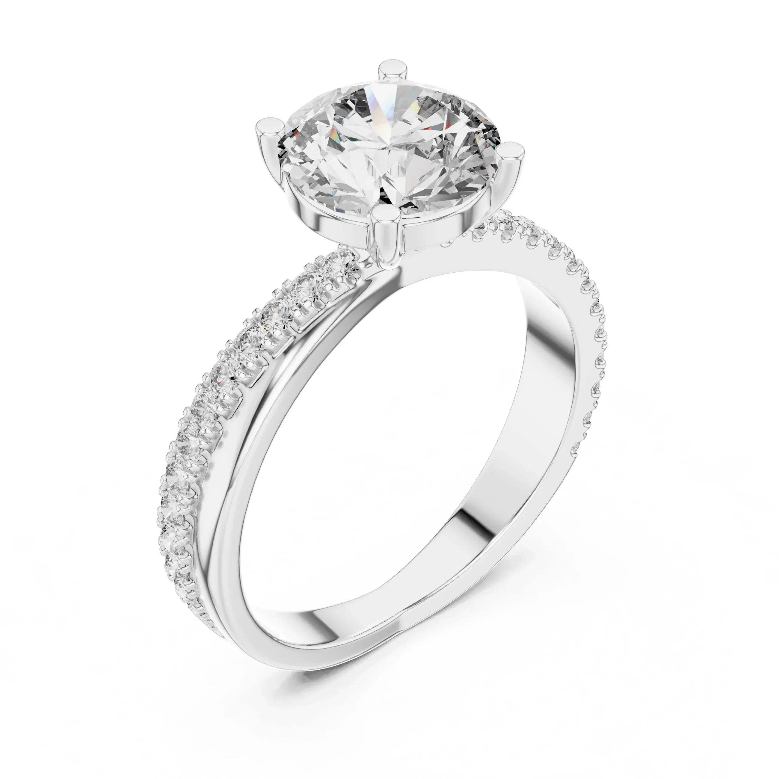 Lab grown diamond ring with a white gold band on a white background