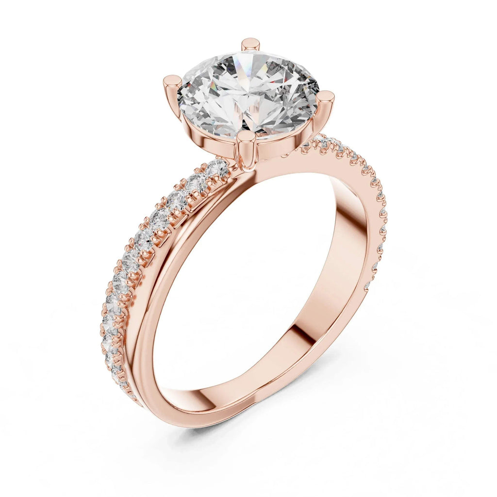 Rose gold ring with a large lab grown diamond and smaller lab grown diamonds on the band against a white background