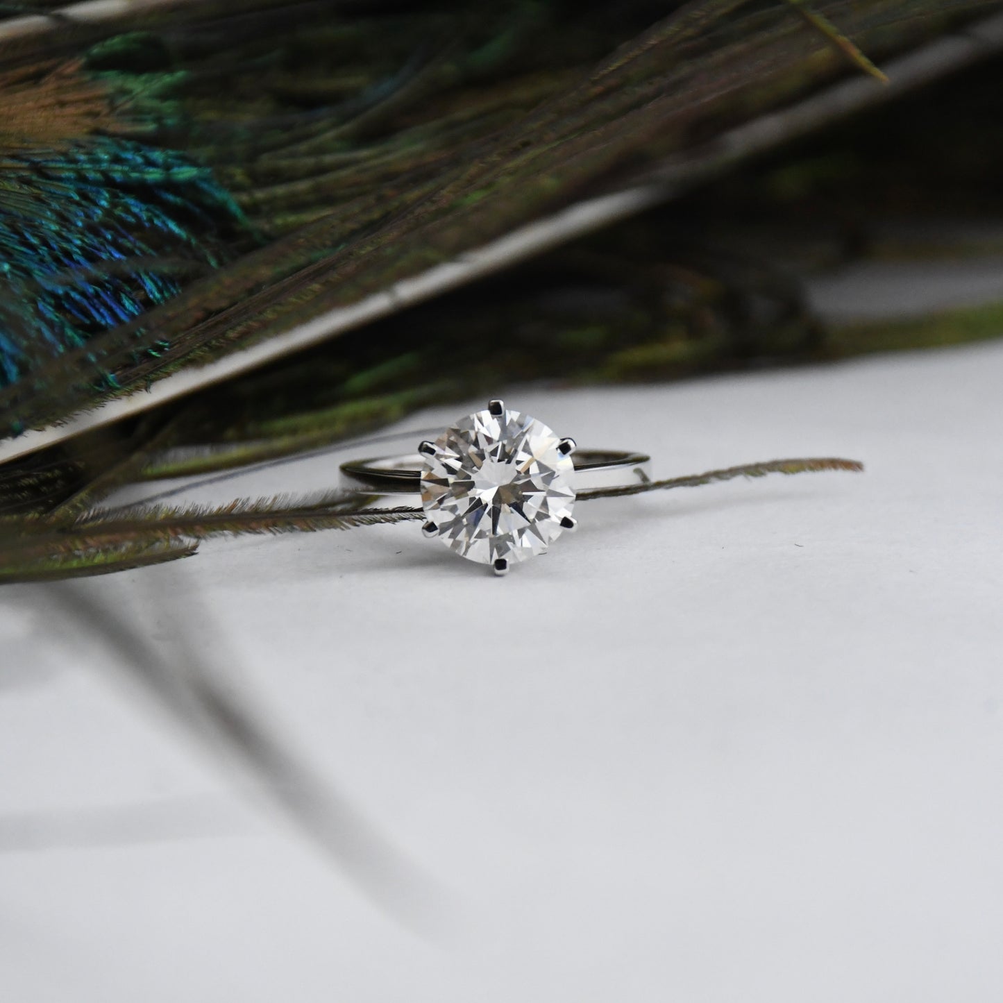 Solitaire lab grown diamond ring on a white surface with peacock feathers in the background.