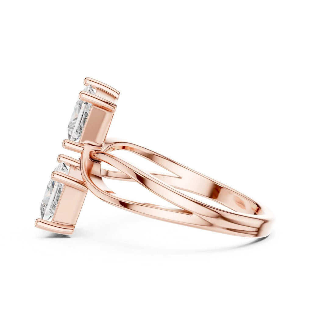 Rose gold ring with lab grown diamond accents on a white background
