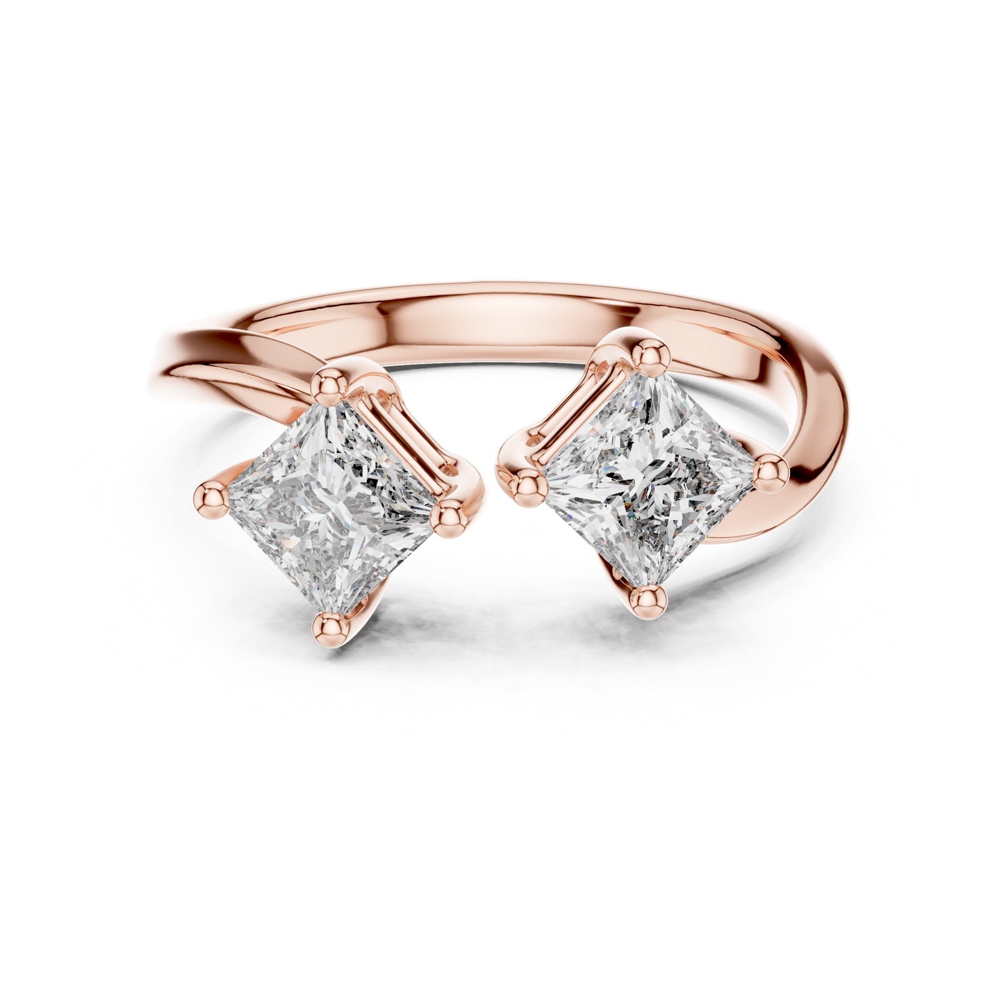 Rose gold ring with two princess-cut lab grown diamonds on a white background
