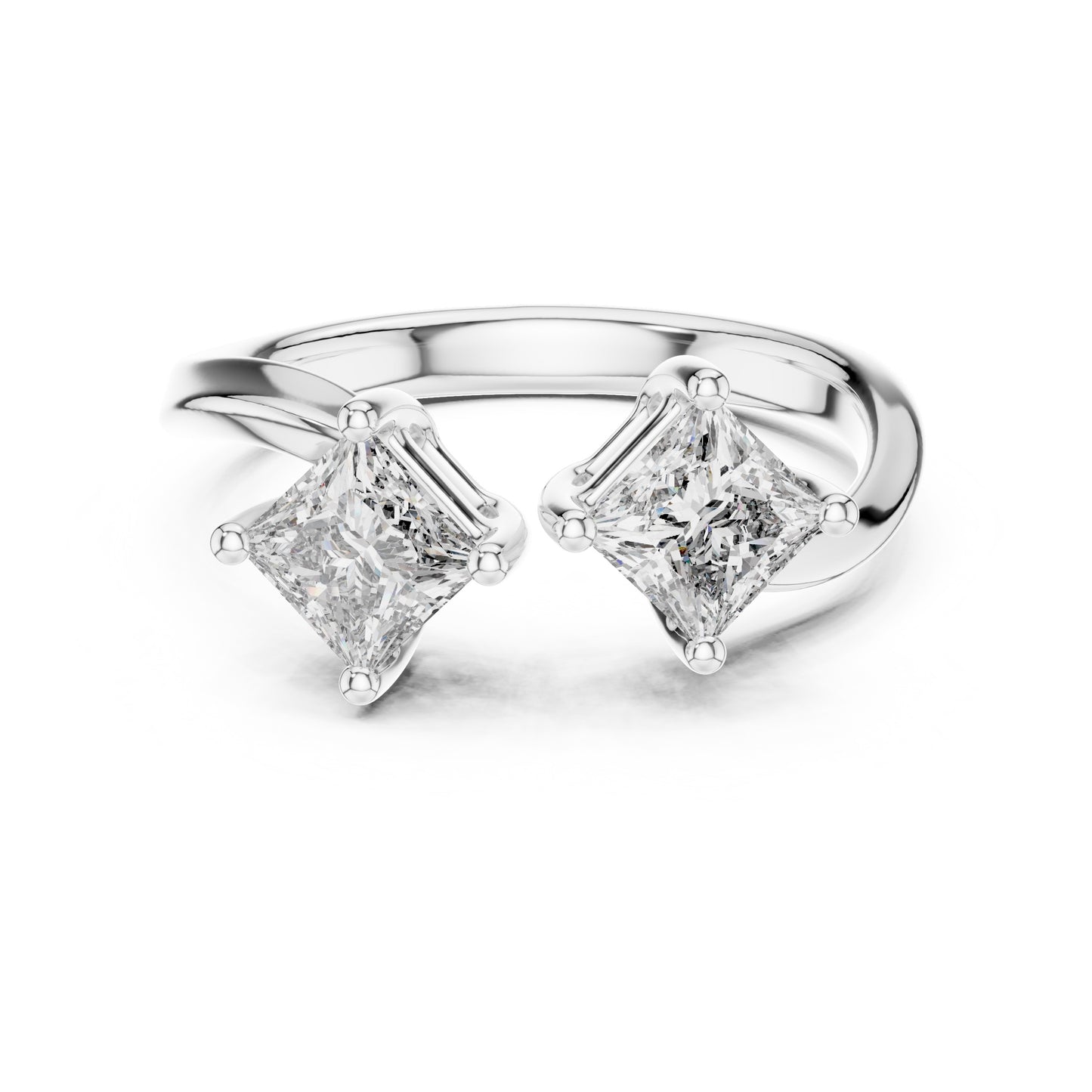white gold ring with two princess-cut lab grown diamonds on a white background