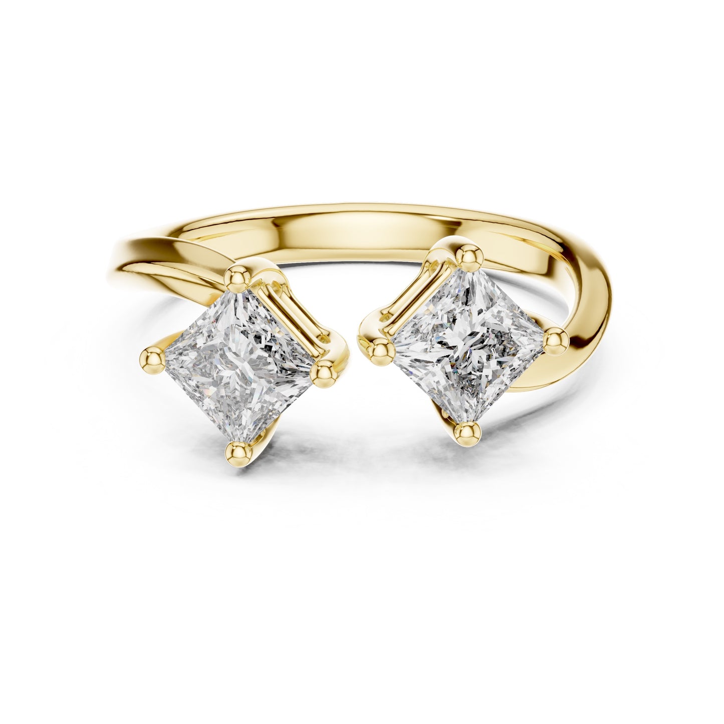 Yellow gold ring with two princess-cut lab grown diamonds on a white background