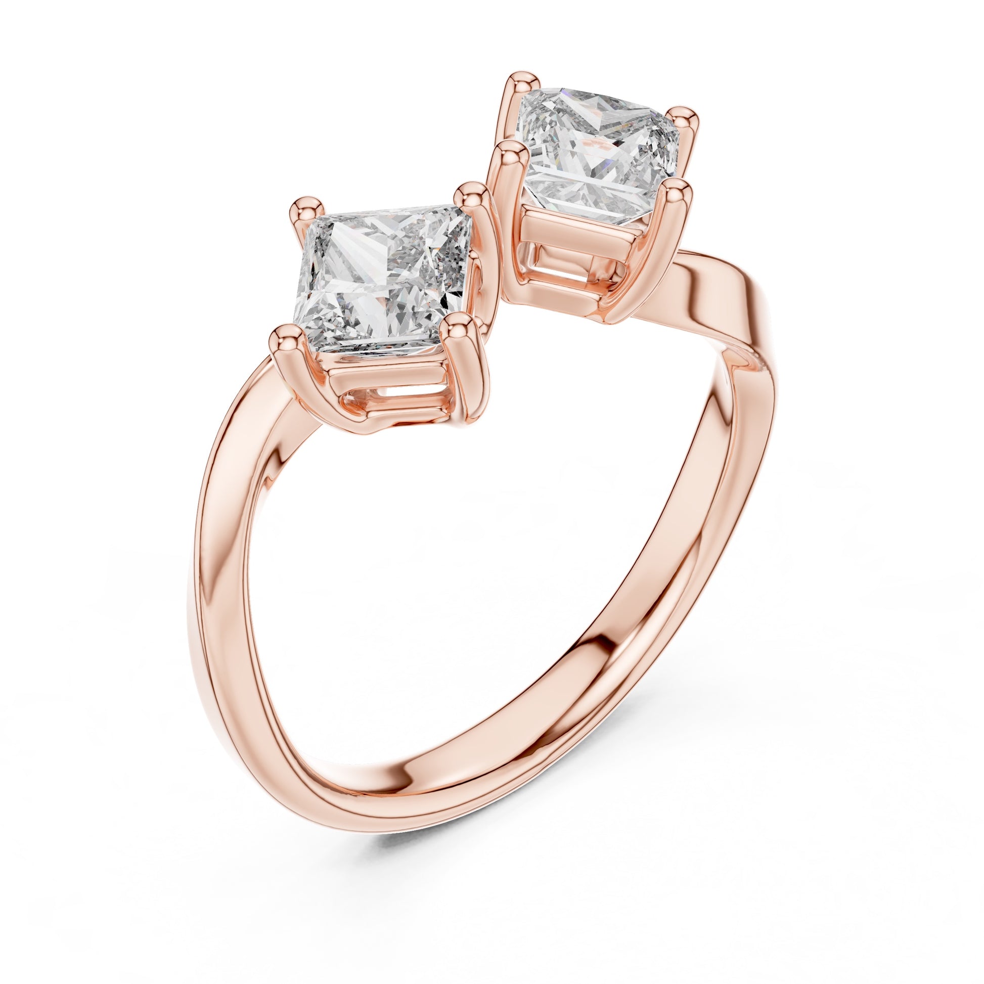 Rose gold ring with two princess-cut lab grown diamonds on a white background