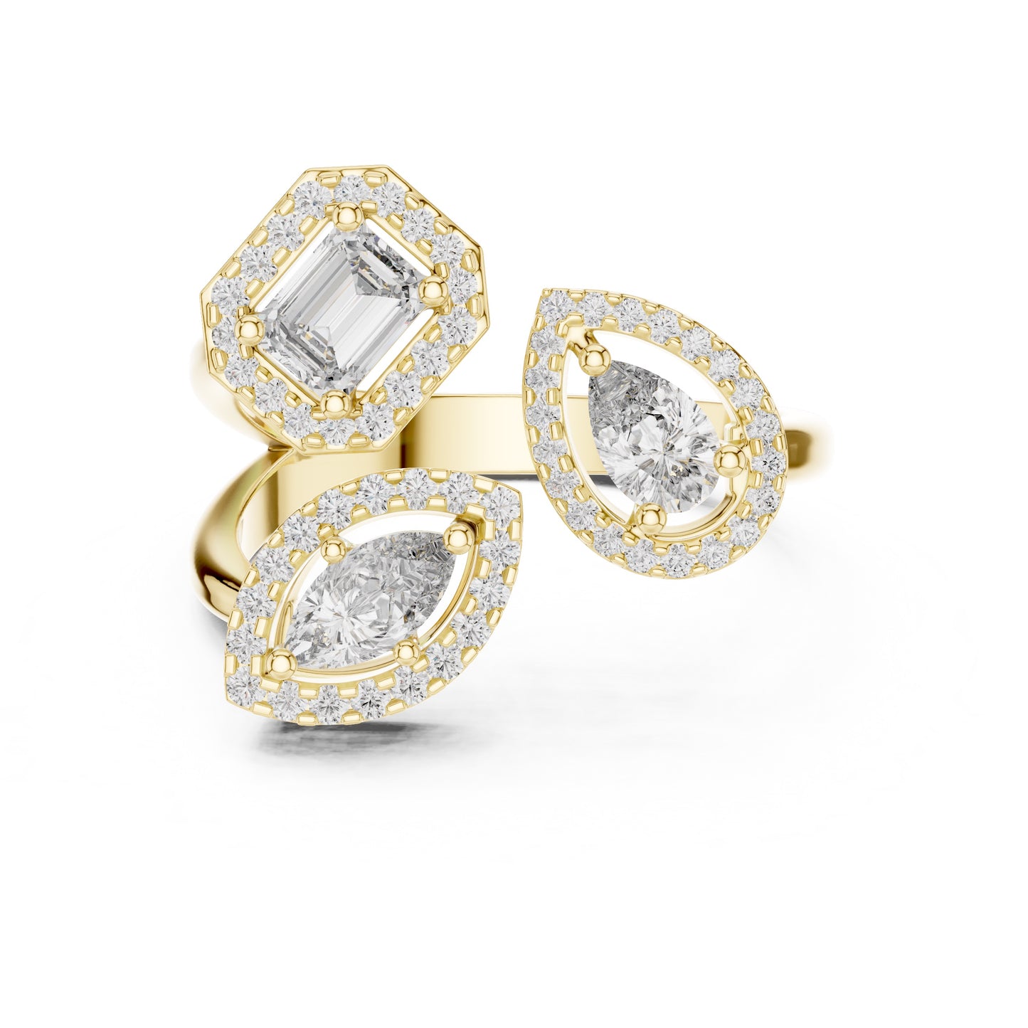 Gold and lab grown diamond rings on a white background
