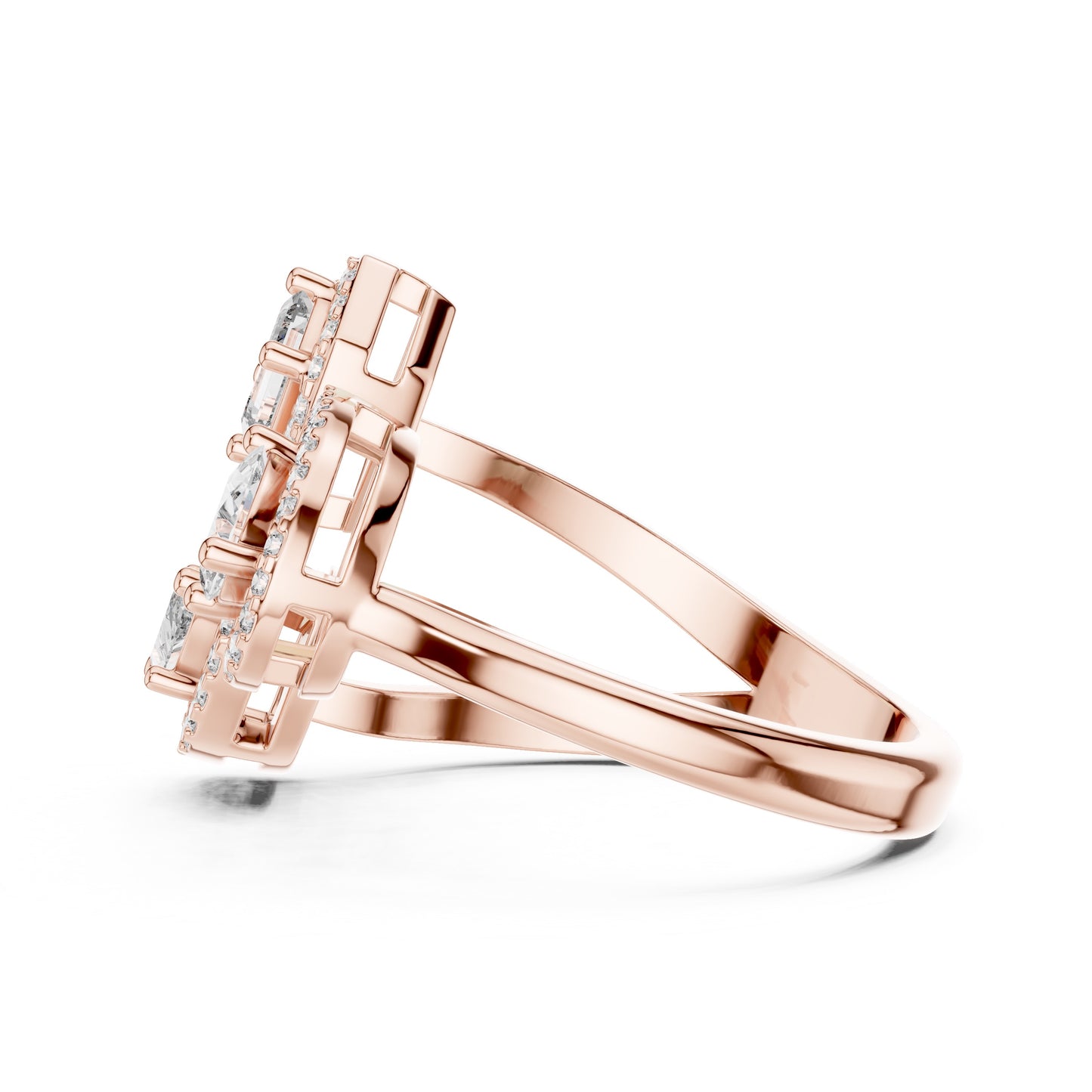 Rose gold ring with lab grown diamond accents on a white background