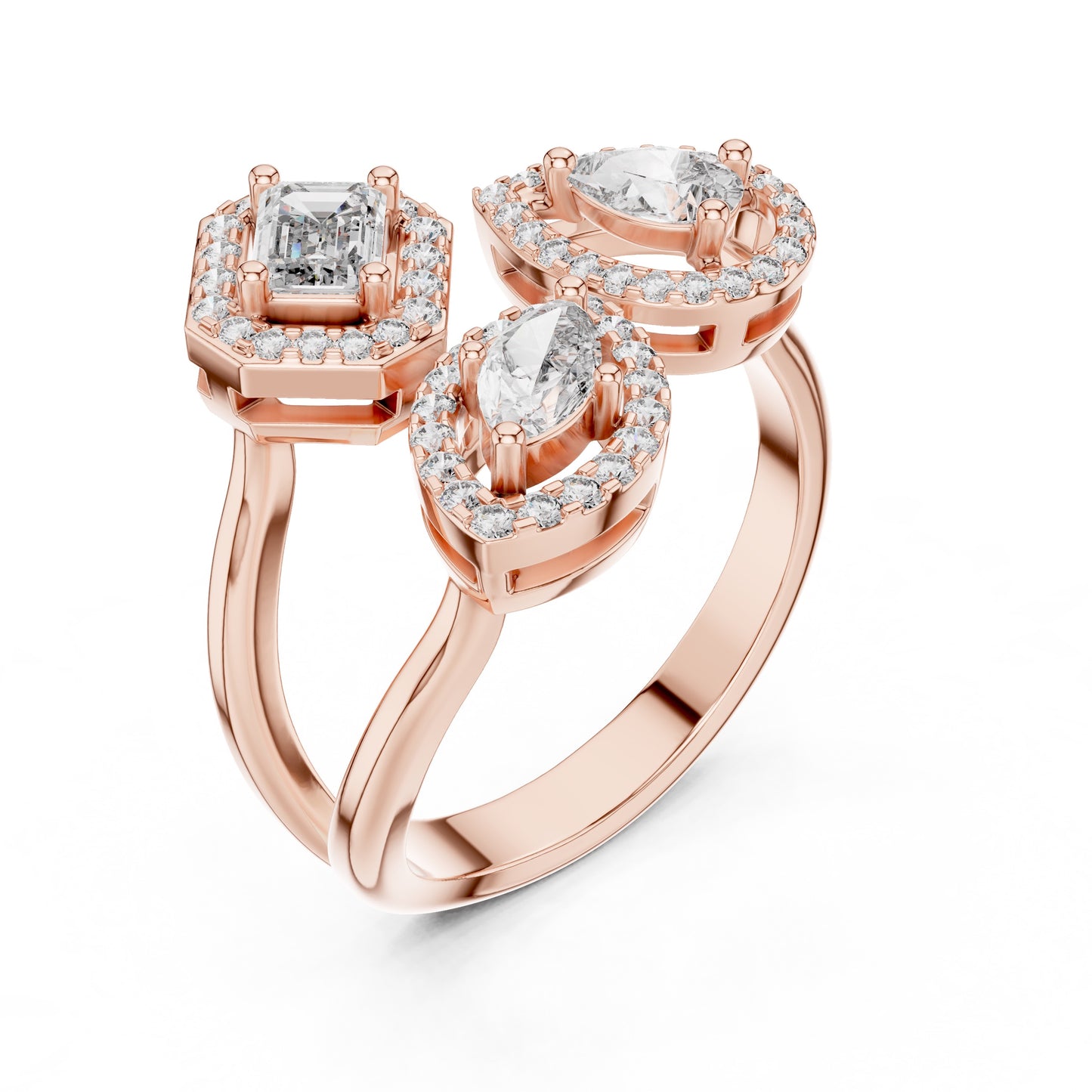 Rose gold ring with multiple shaped lab grown diamond stones on a white background