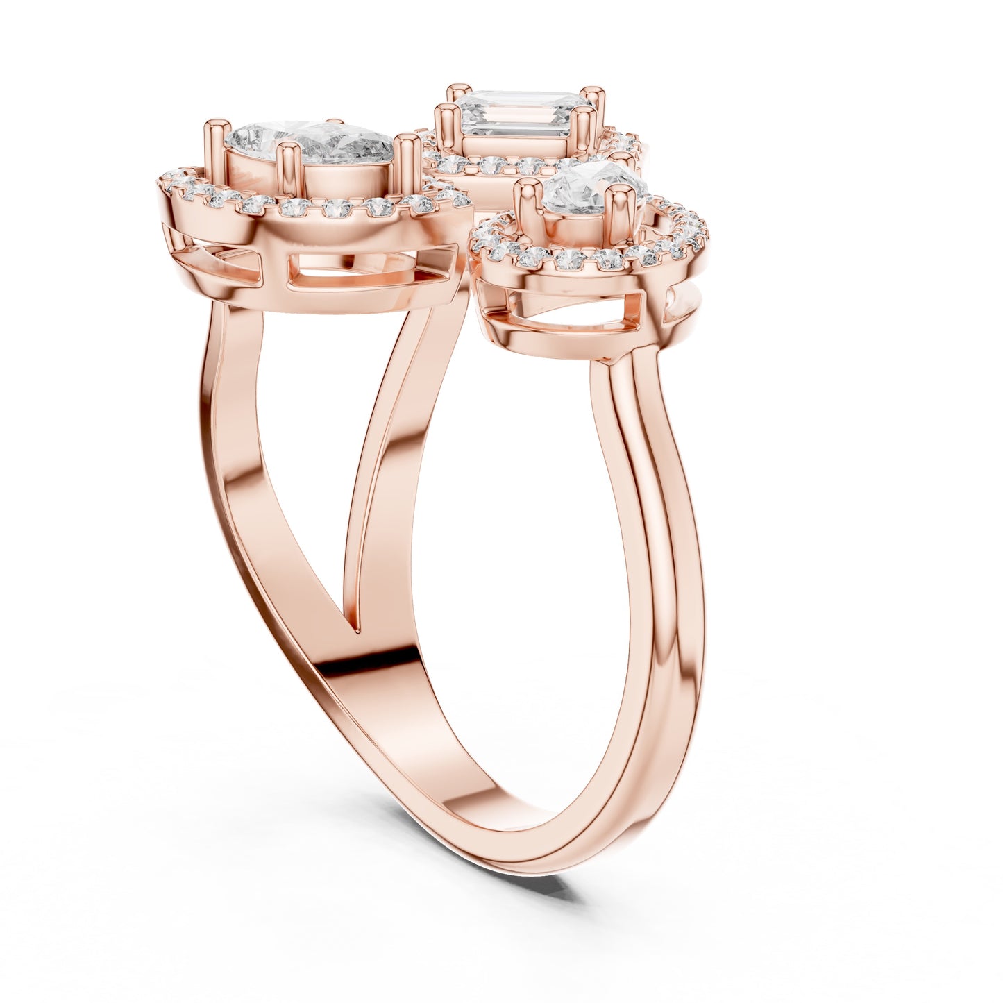 Rose gold ring with lab grown diamond accents on a white background