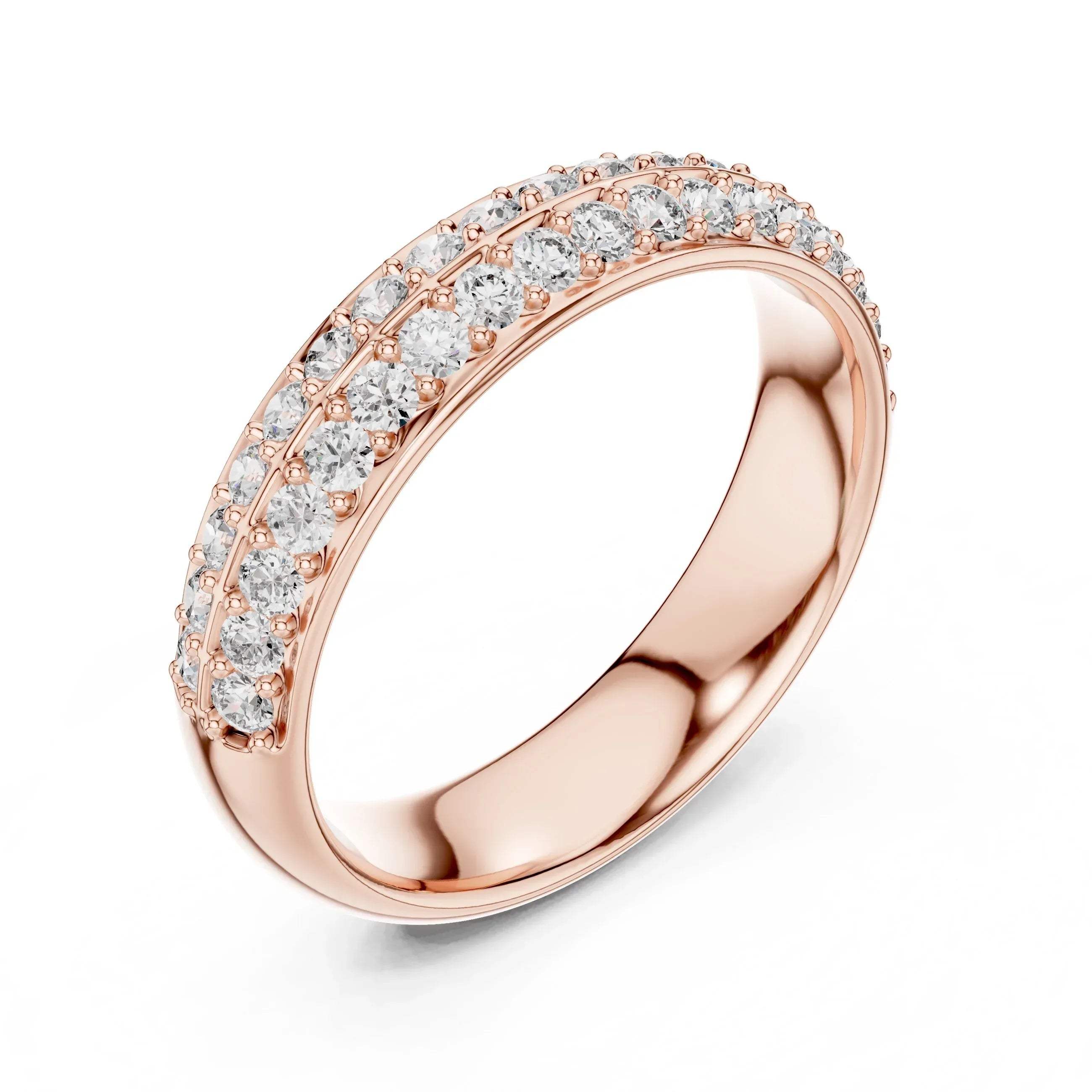 Rose gold ring with lab grown diamonds on a white background