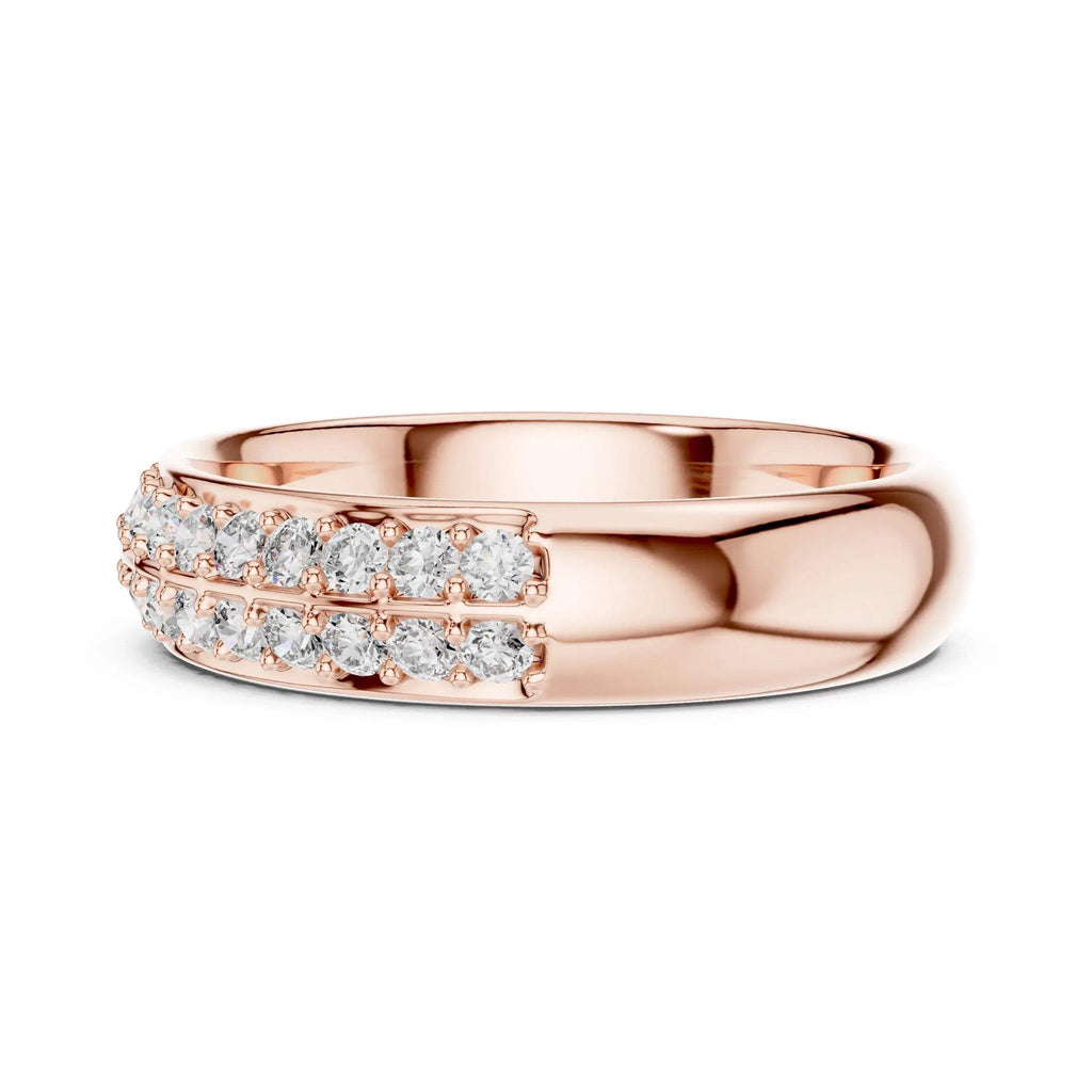 Rose gold ring with lab grown diamond accents on a white background
