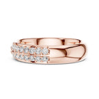 Rose gold ring with lab grown diamond accents on a white background