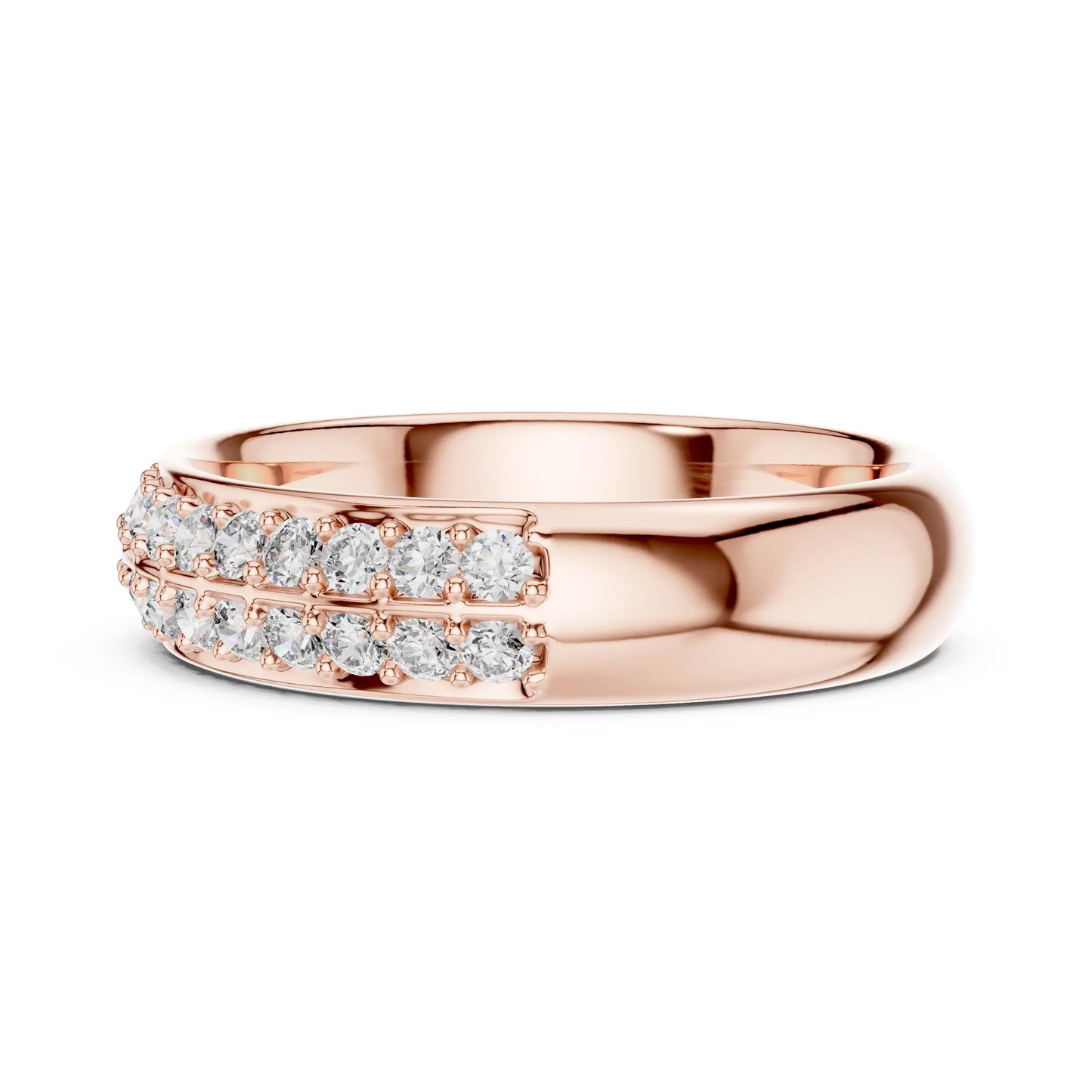 Rose gold ring with lab grown diamond accents on a white background