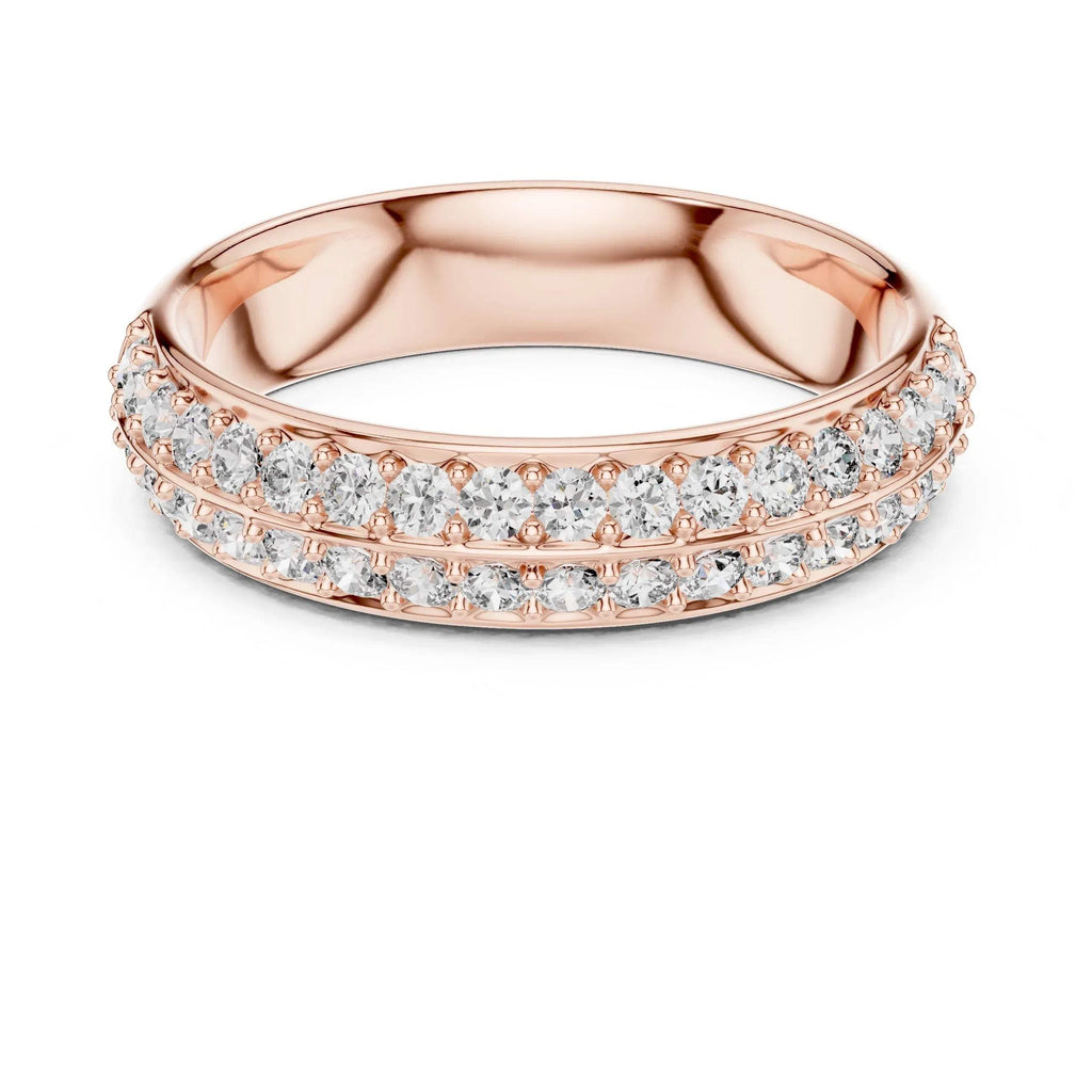 Rose gold ring with lab grown diamond accents on a white background
