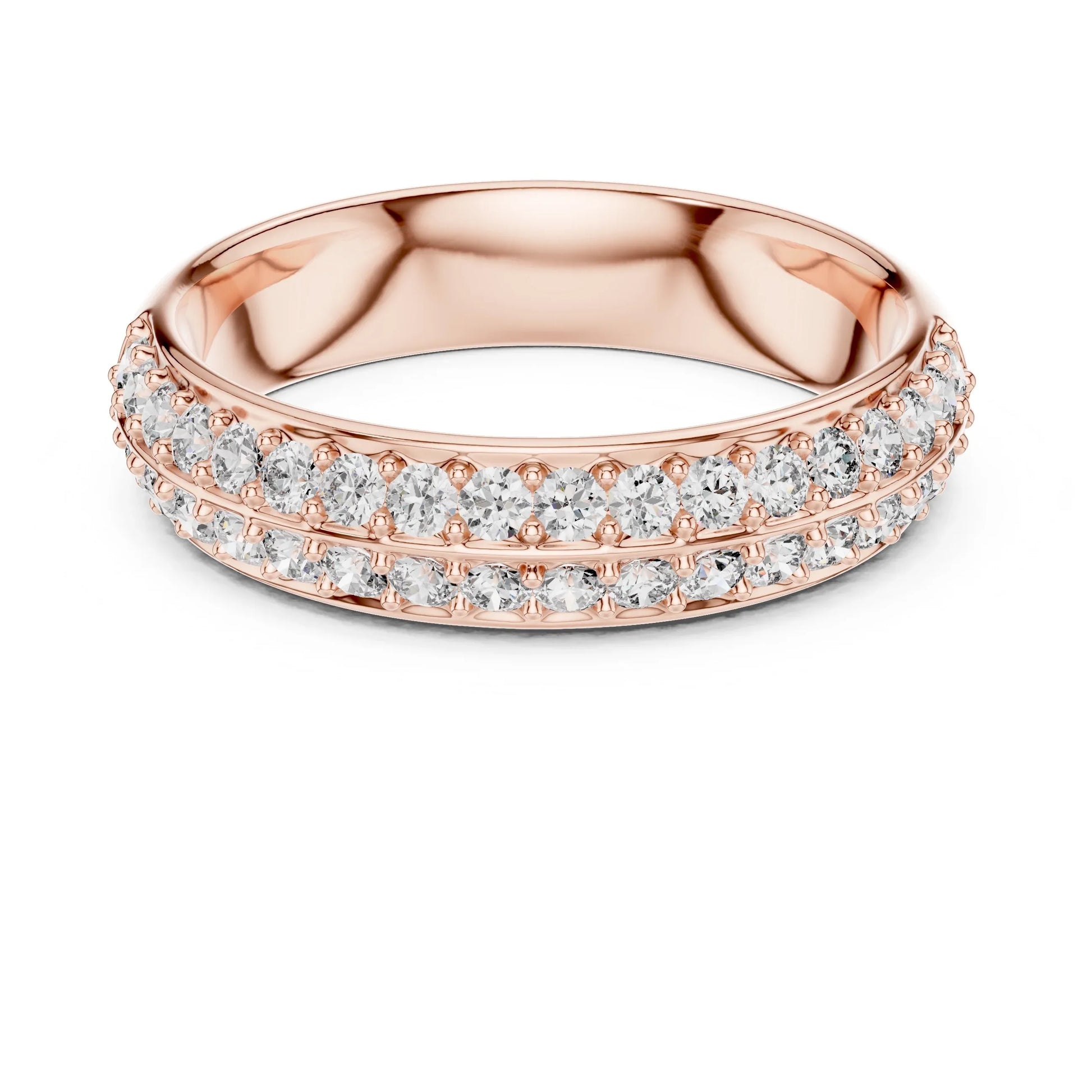 Rose gold ring with lab grown diamond accents on a white background