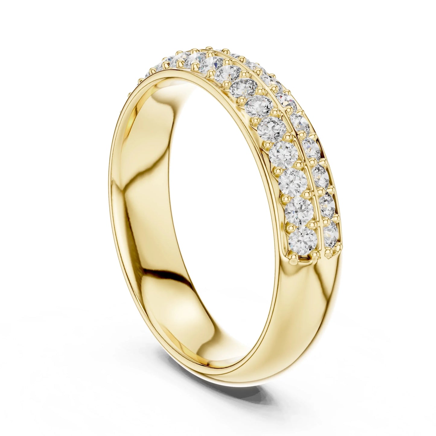 Gold ring with lab grown diamond accents on a white background