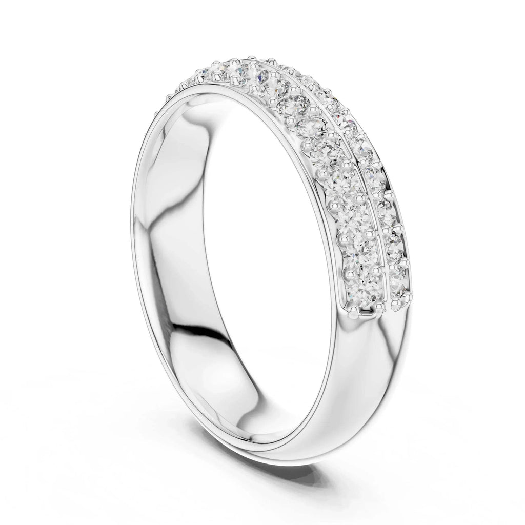 White gold ring with embedded lab grown diamonds on a white background