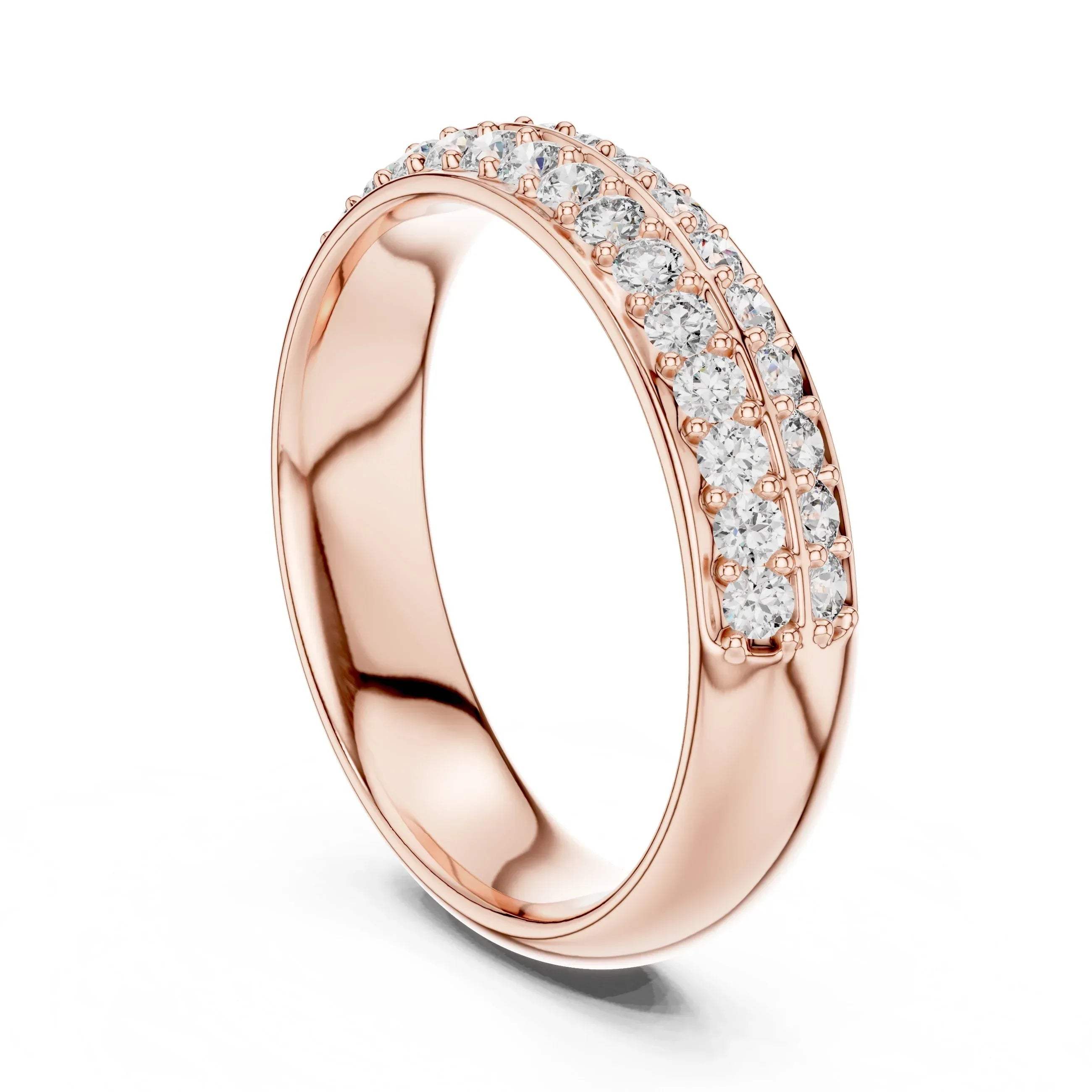 Rose gold ring with lab grown diamonds on a white background