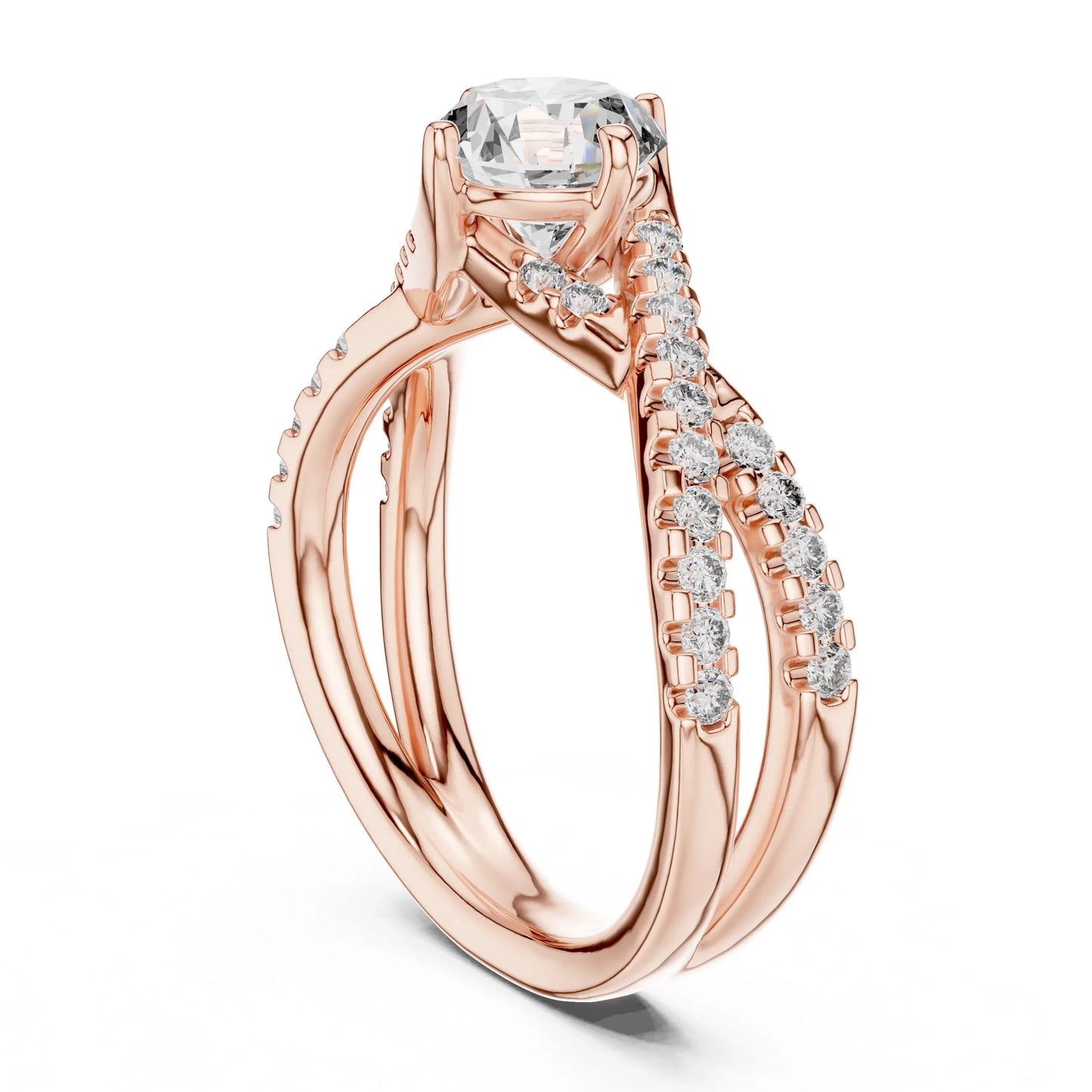Rose gold ring with lab grown diamonds on a white background