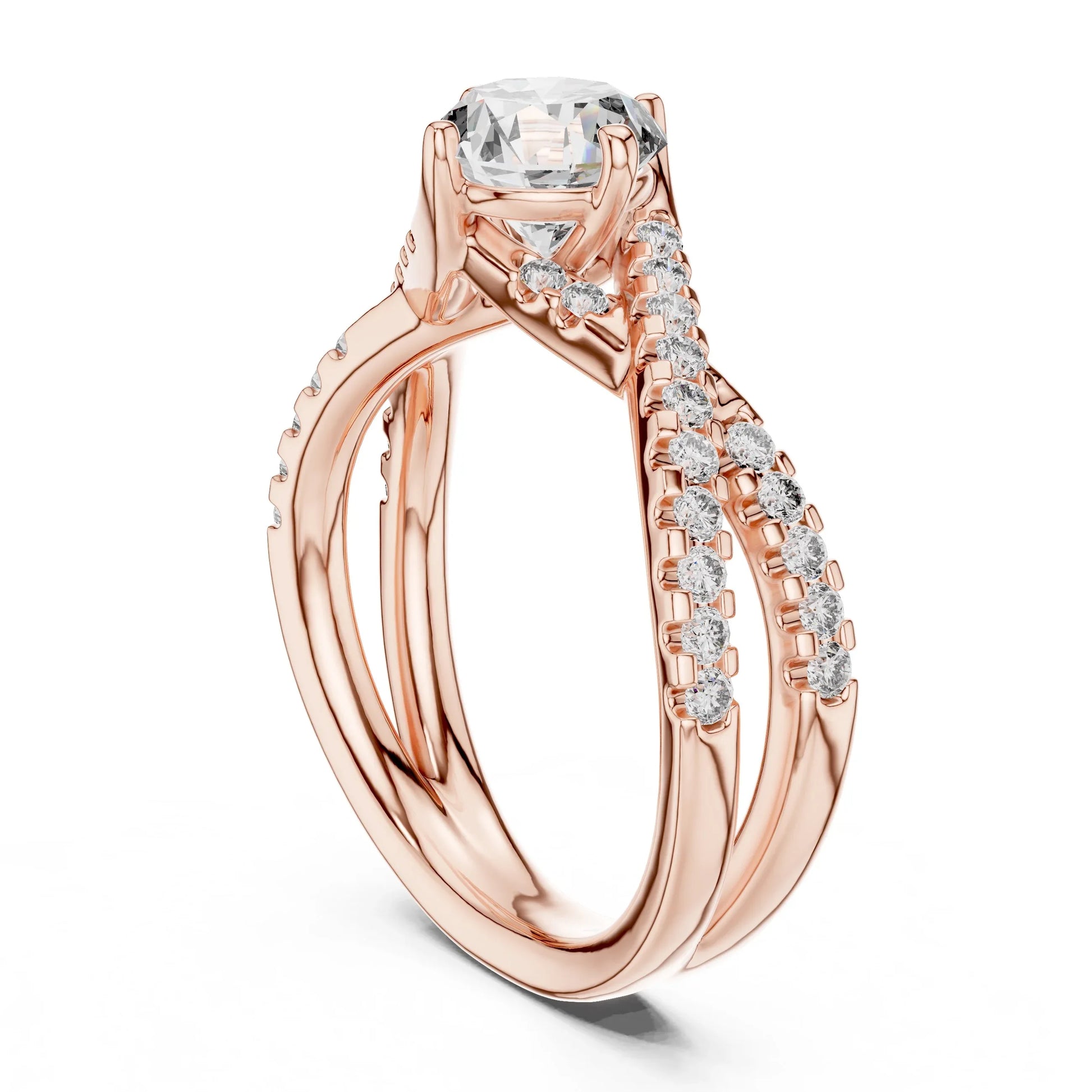 Rose gold ring with lab grown diamonds on a white background