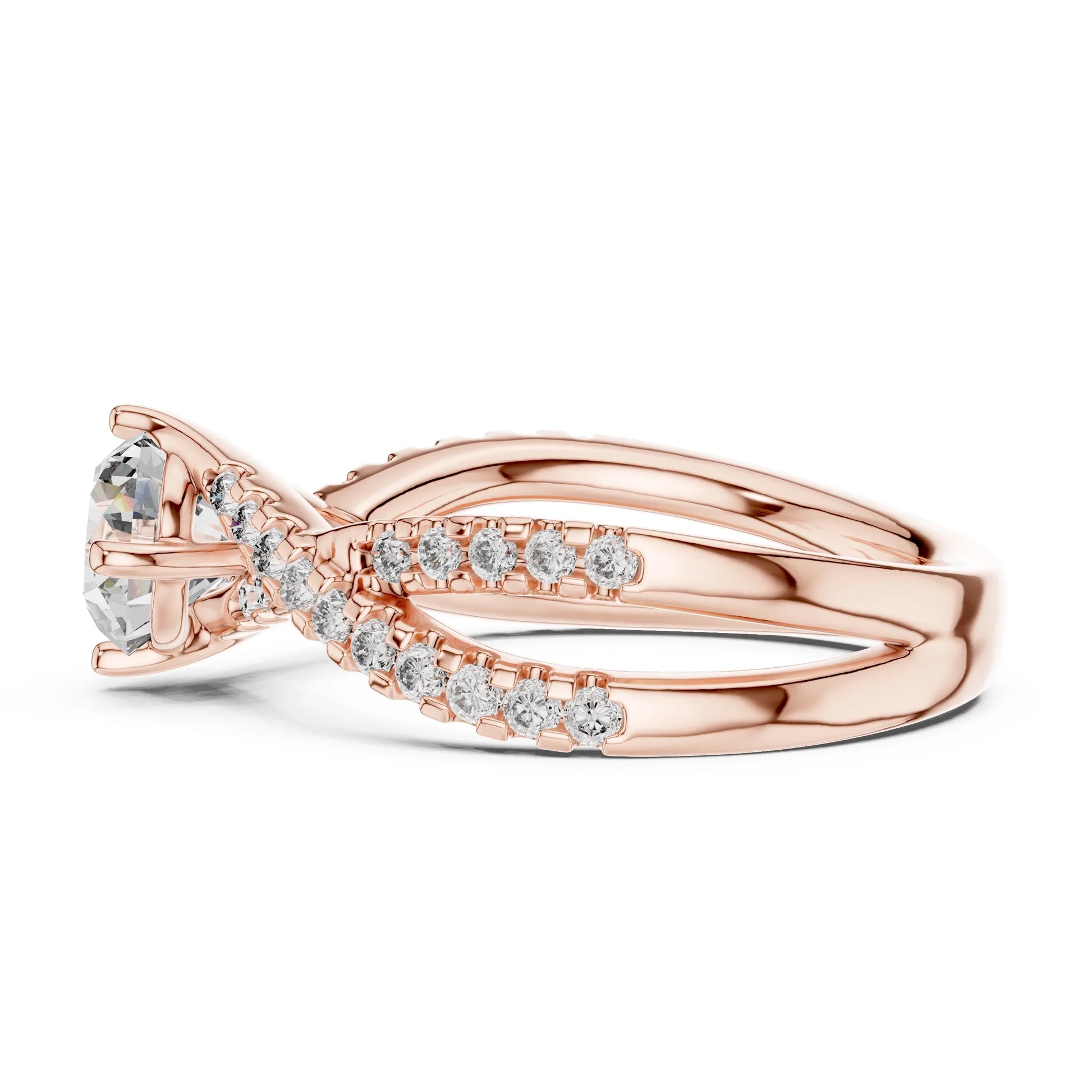 Rose gold ring with lab grown diamonds on a white background