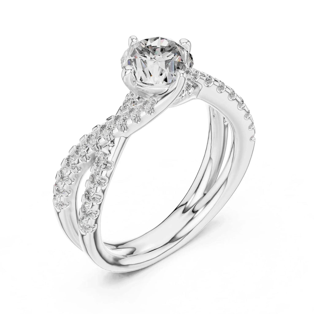 Lab grown diamond ring with a white gold band on a white background