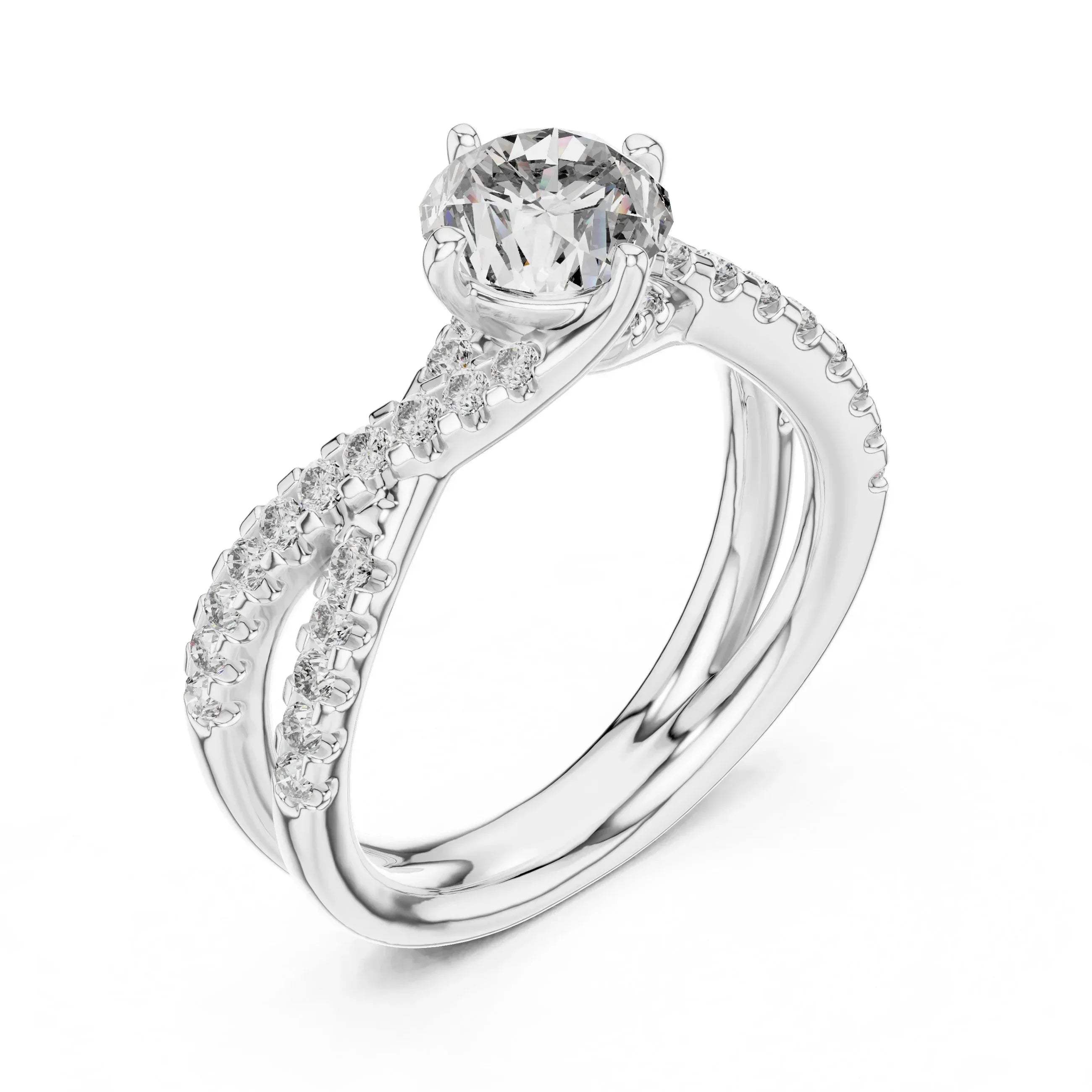 Lab grown diamond ring with a white gold band on a white background