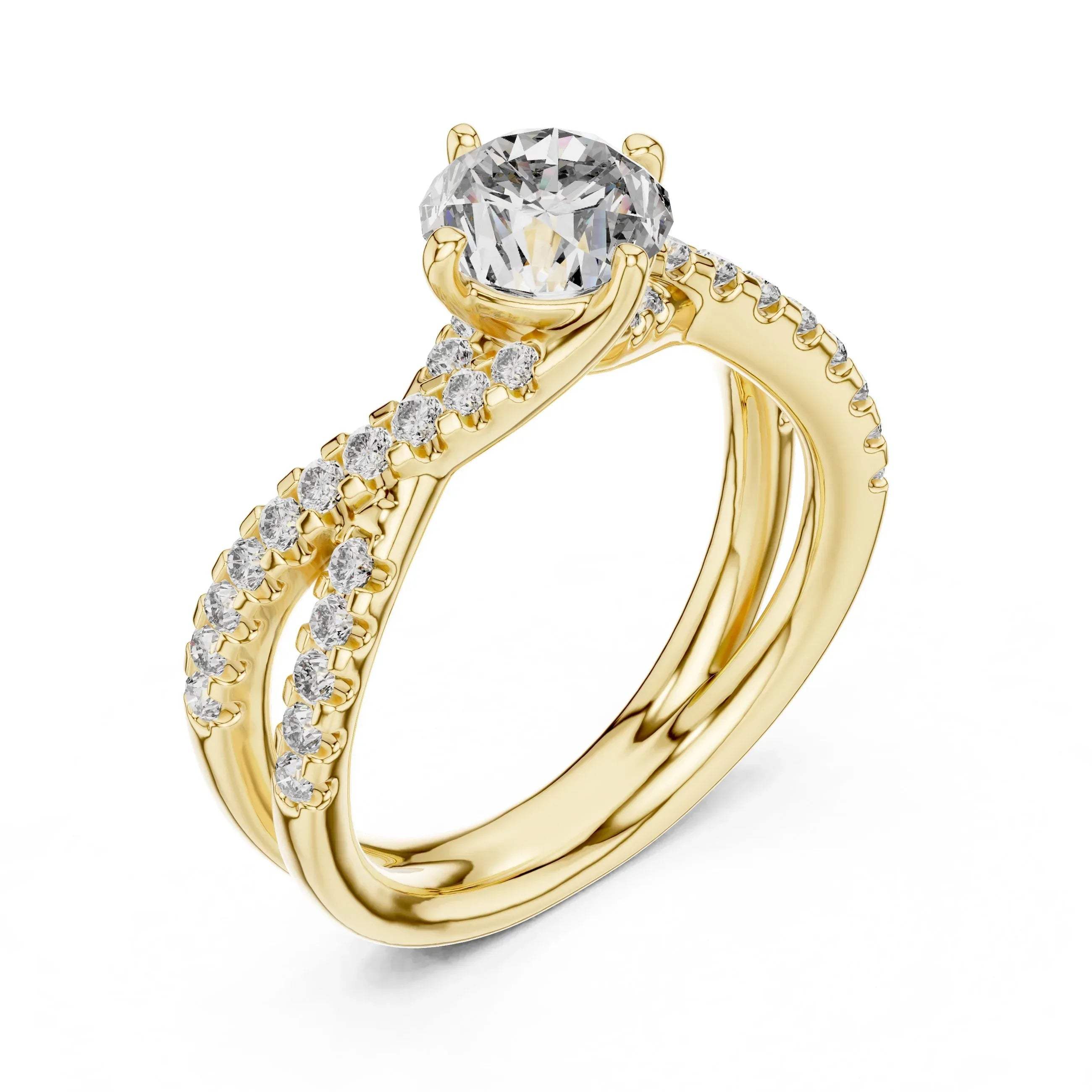 Yellow gold ring with lab grown diamonds on a white background
