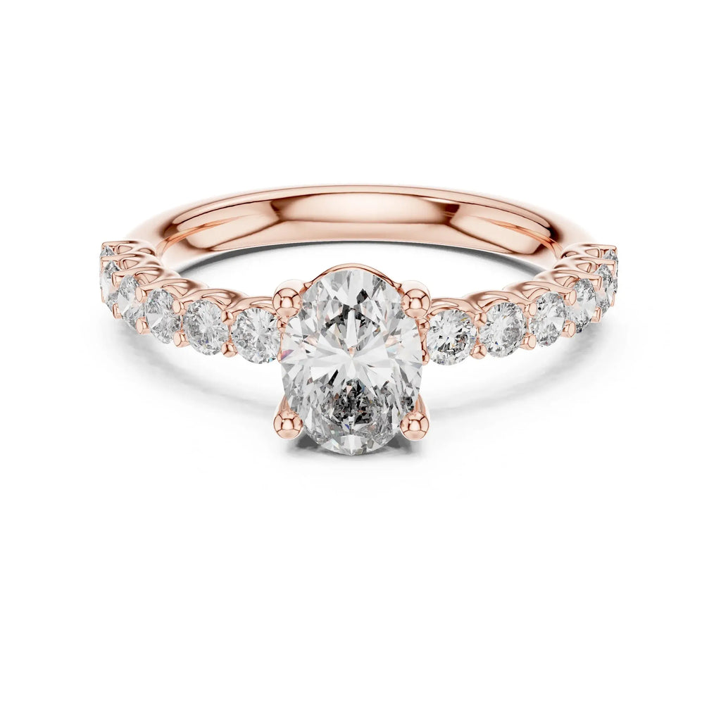 Rose gold ring with a large lab grown diamond and smaller lab grown diamonds on a white background