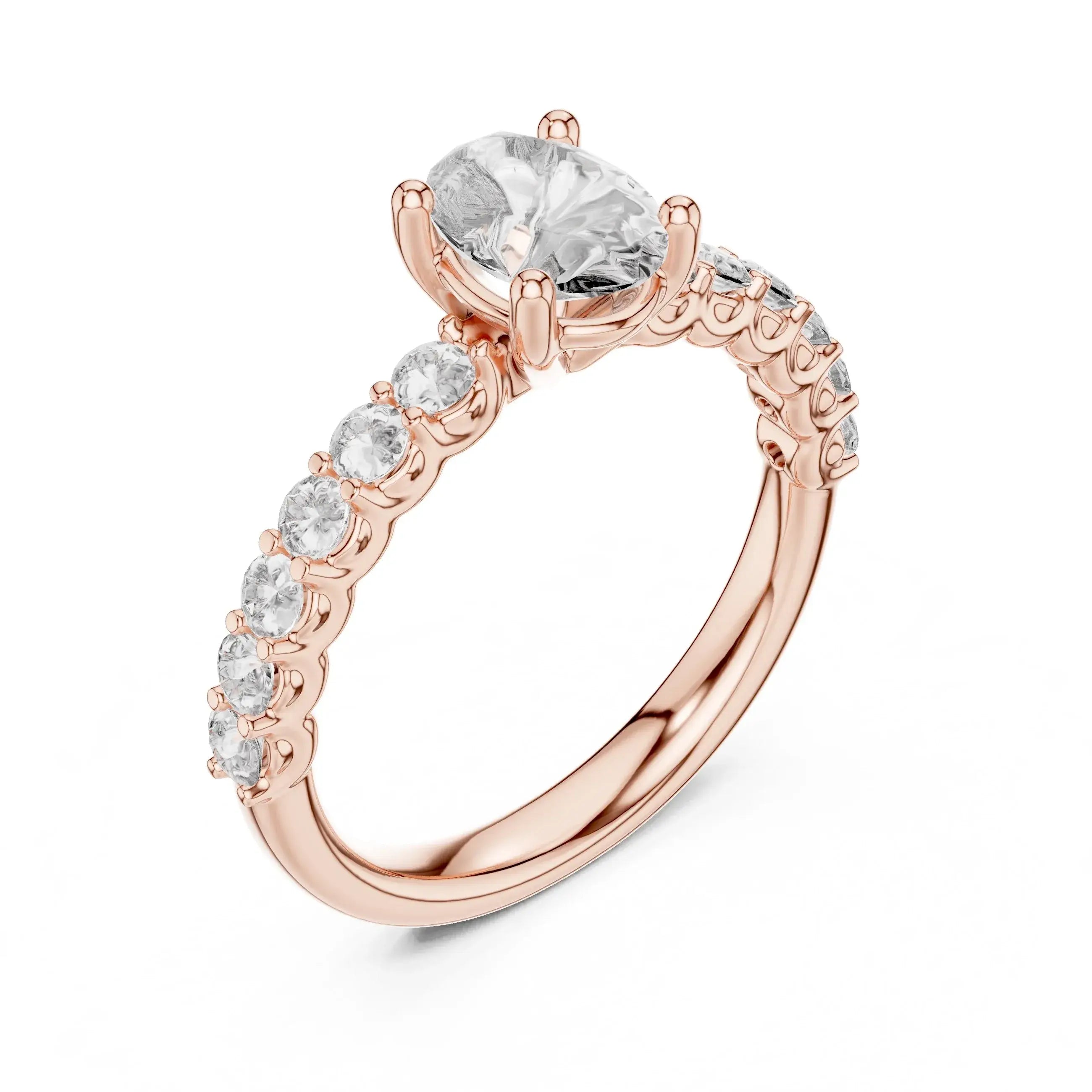 Rose gold ring with a central lab grown diamond and smaller lab grown diamonds on a white background
