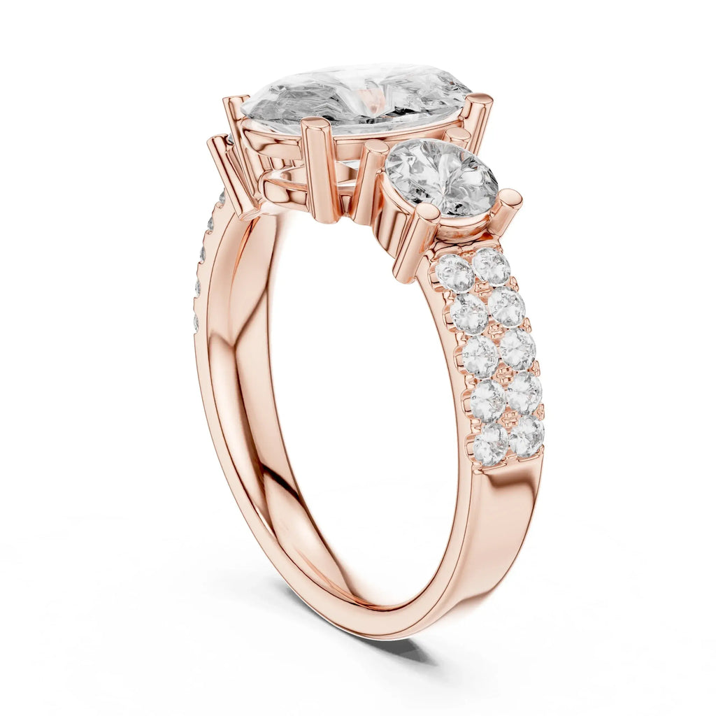 Rose gold ring with lab diamonds on a white background