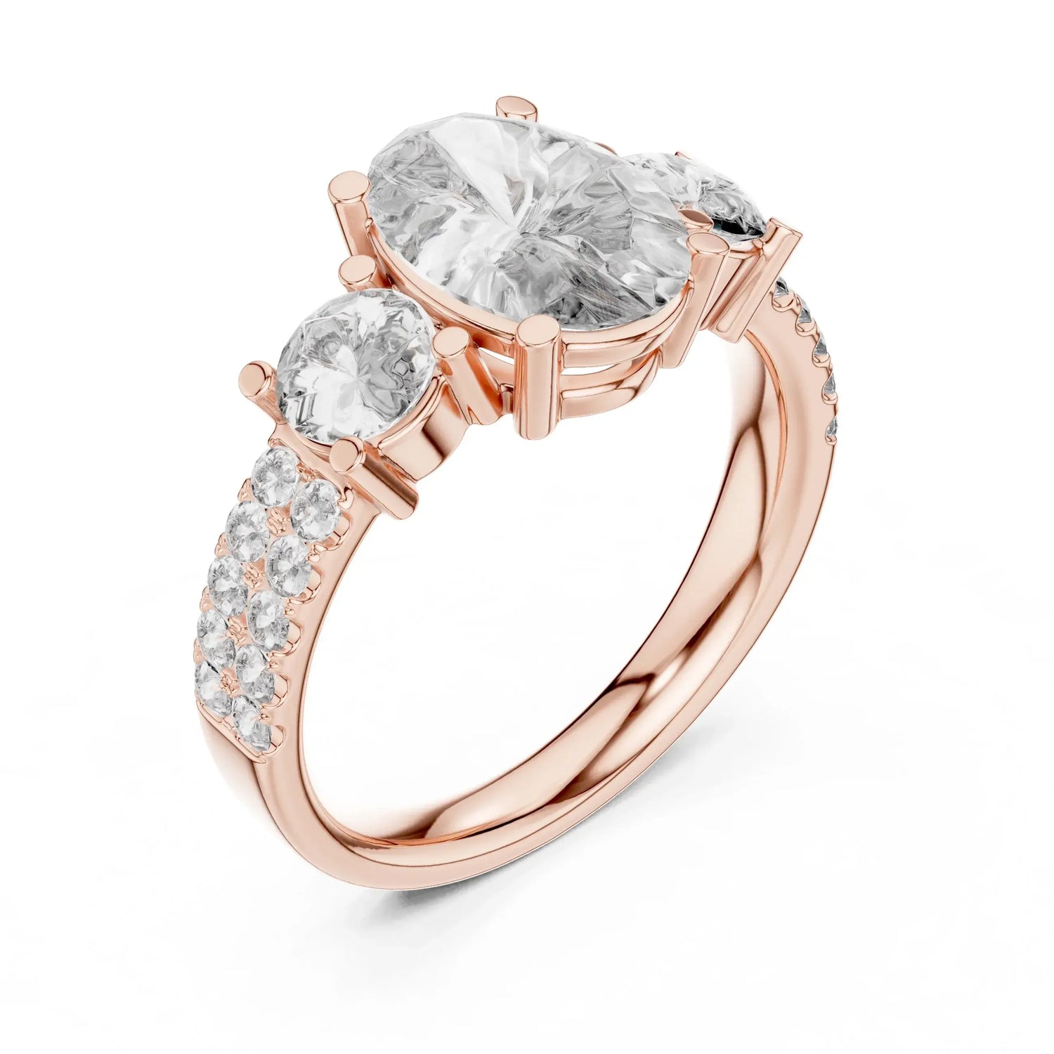 Rose gold ring with three large lab grown solitaire diamonds and small diamonds on a white background.