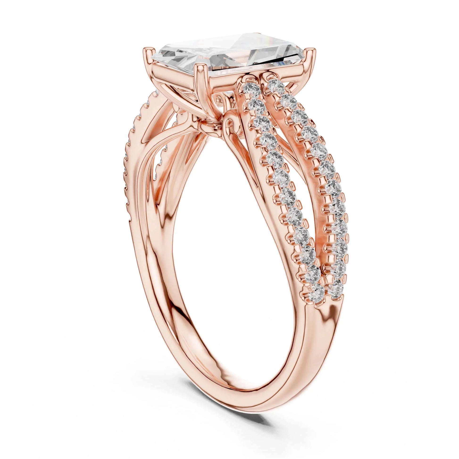Rose gold ring with a large lab grown diamond and smaller lab grown diamonds on the band against a white background