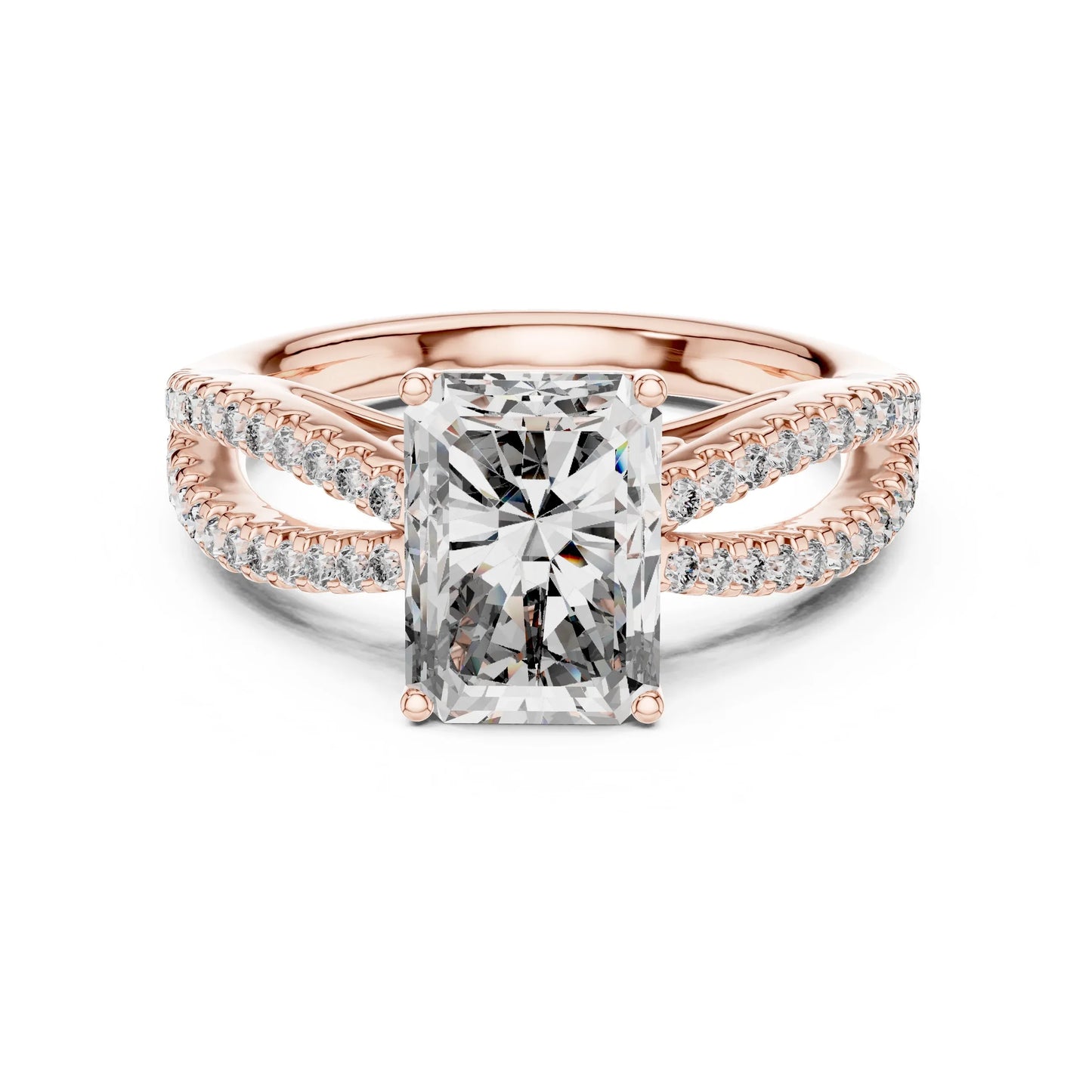 Rose gold ring with a large lab grown diamond and smaller lab grown diamonds on the band against a white background