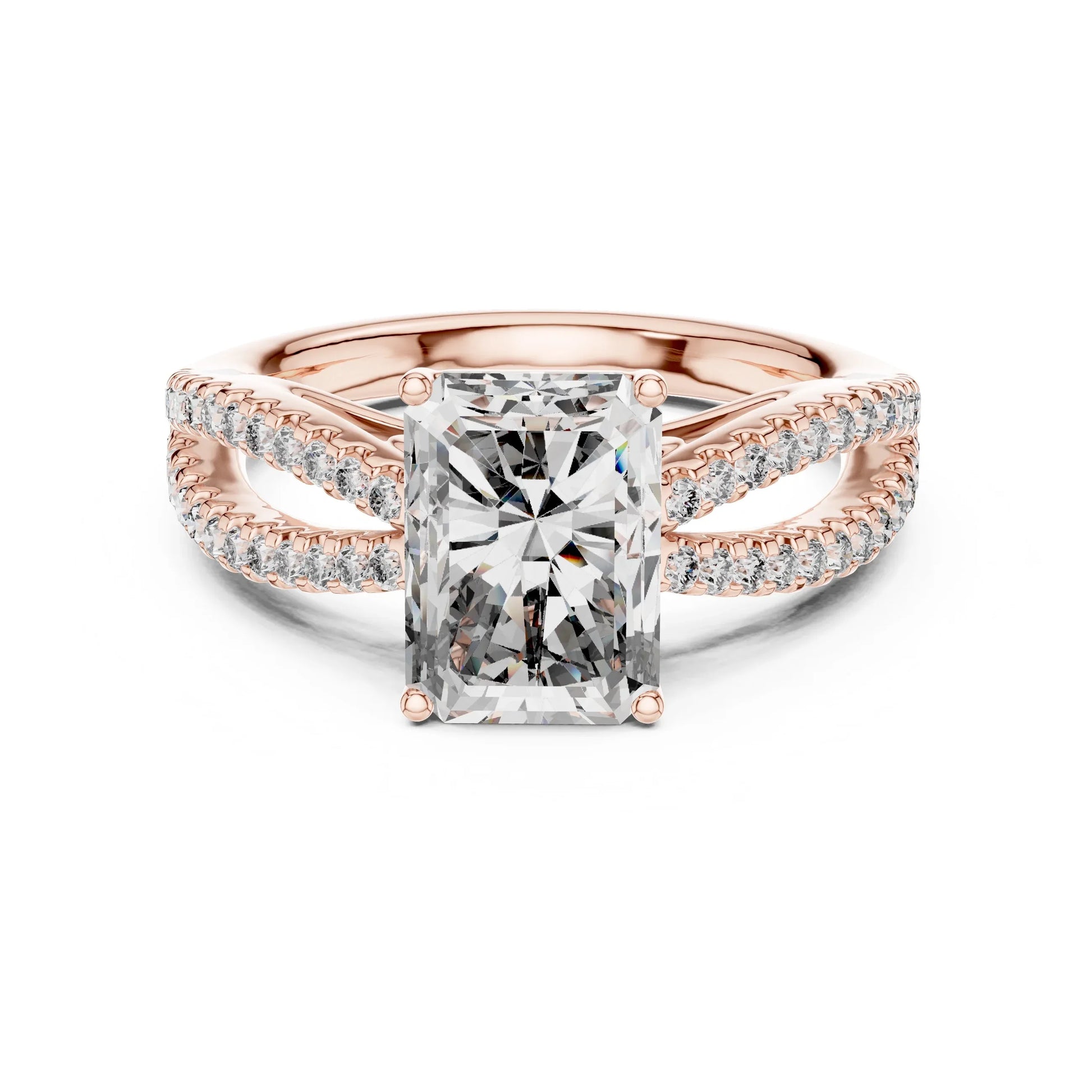 Rose gold ring with a large lab grown diamond and smaller lab grown diamonds on the band against a white background