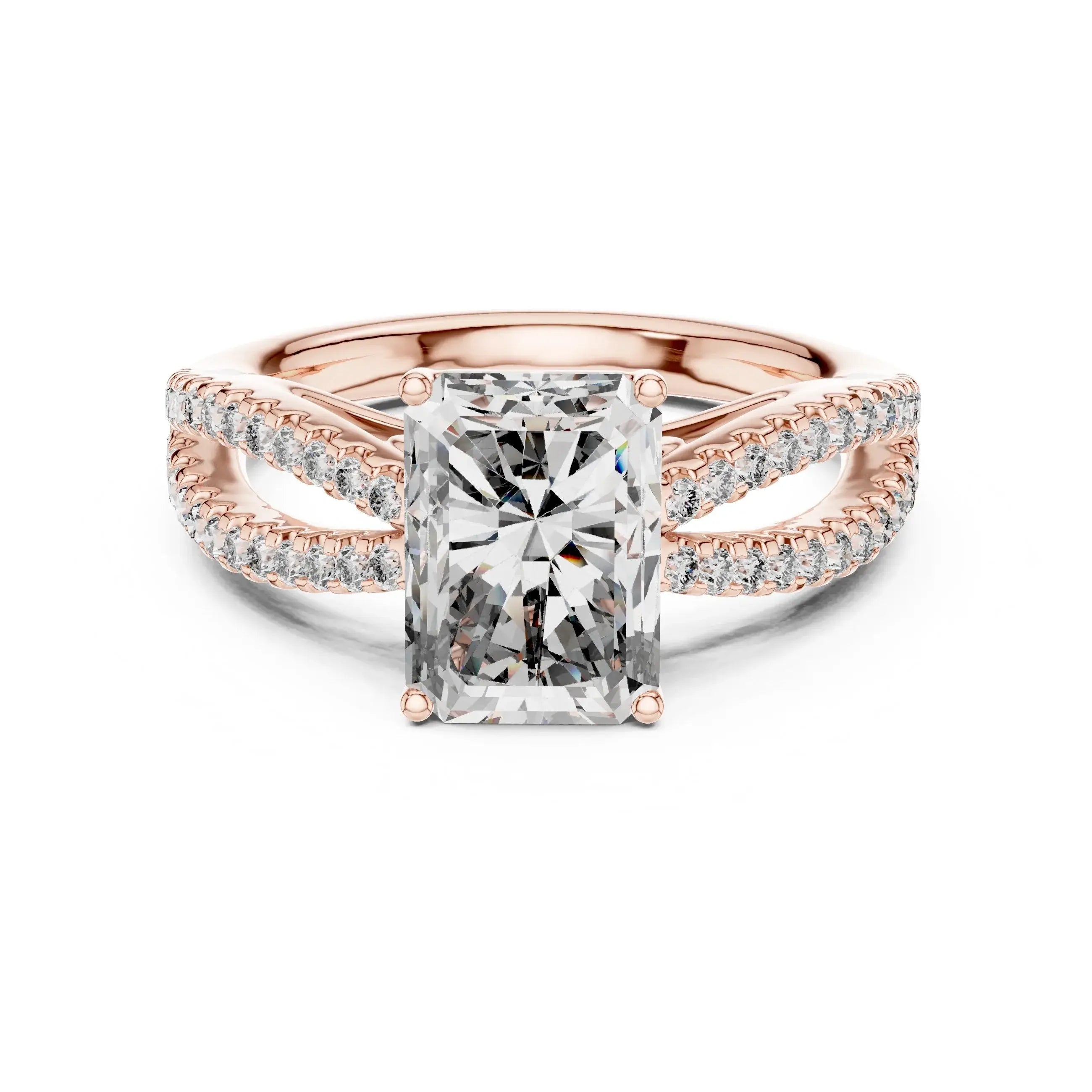 Rose gold ring with a large lab grown diamond and smaller lab grown diamonds on the band against a white background