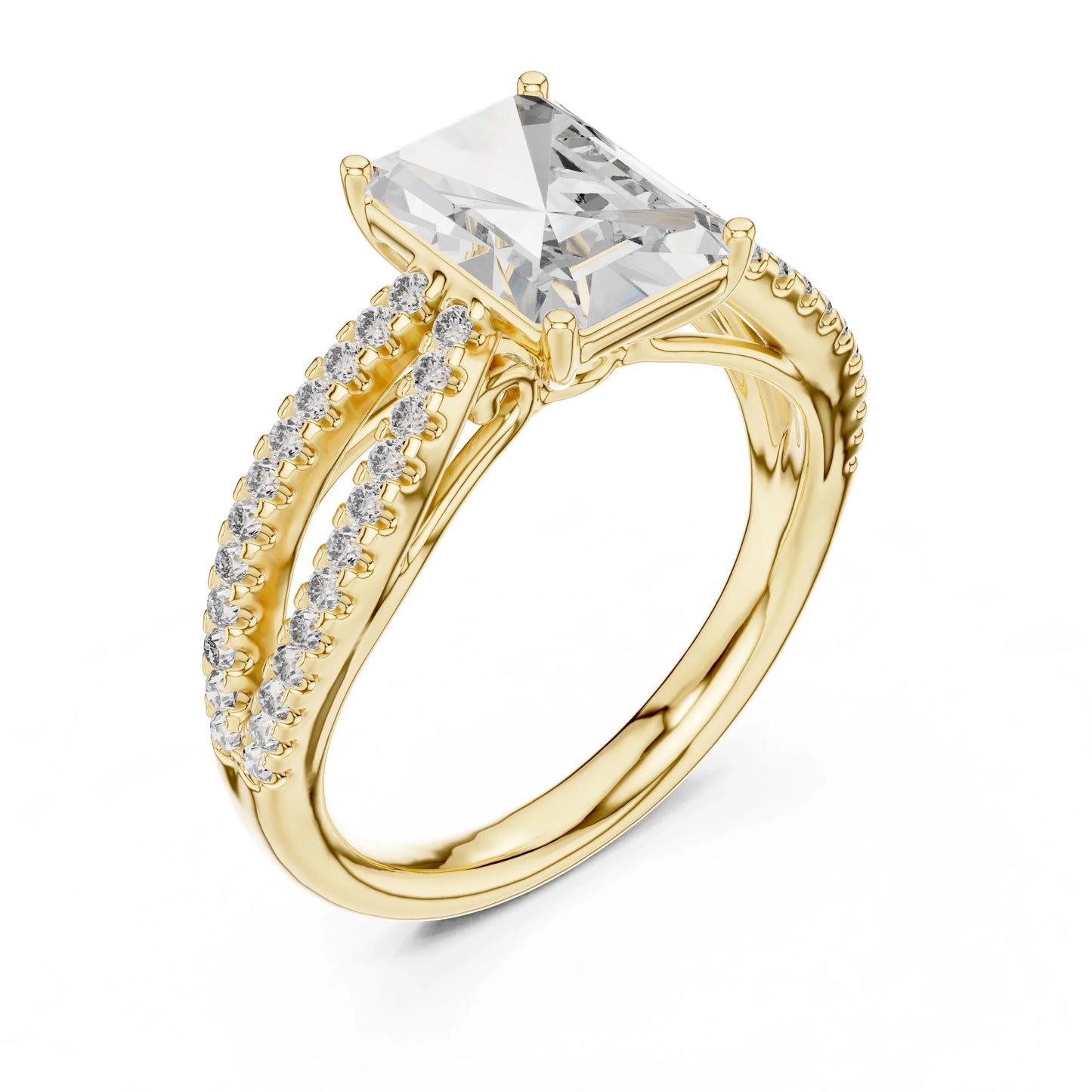 Yellow gold ring with a large lab grown diamond and smaller lab grown diamonds on the band against a white background