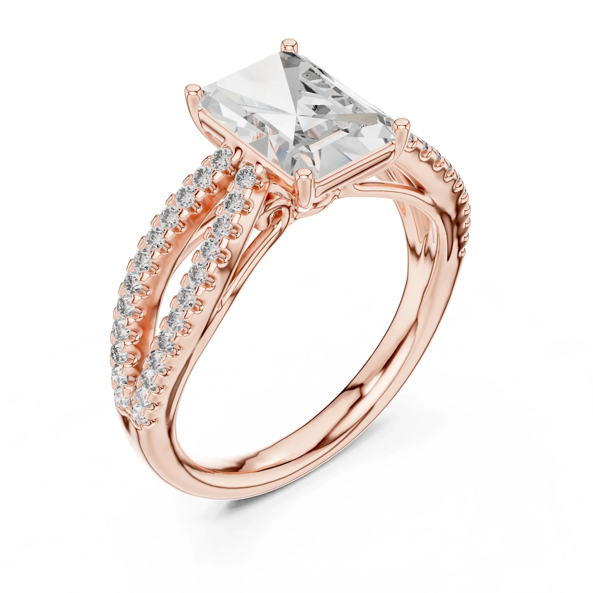 Rose gold ring with a large lab grown diamond and smaller lab grown diamonds on the band against a white background