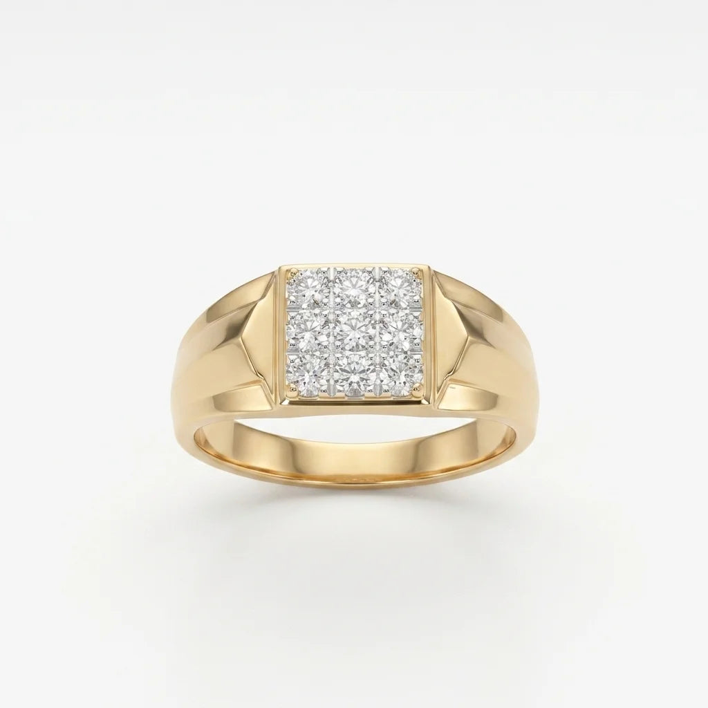 A yellow gold ring with a square pavé diamond setting, photographed on a clean white background.