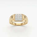 A yellow gold ring with a square pavé diamond setting, photographed on a clean white background.