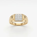 A yellow gold ring with a square pavé diamond setting, photographed on a clean white background.