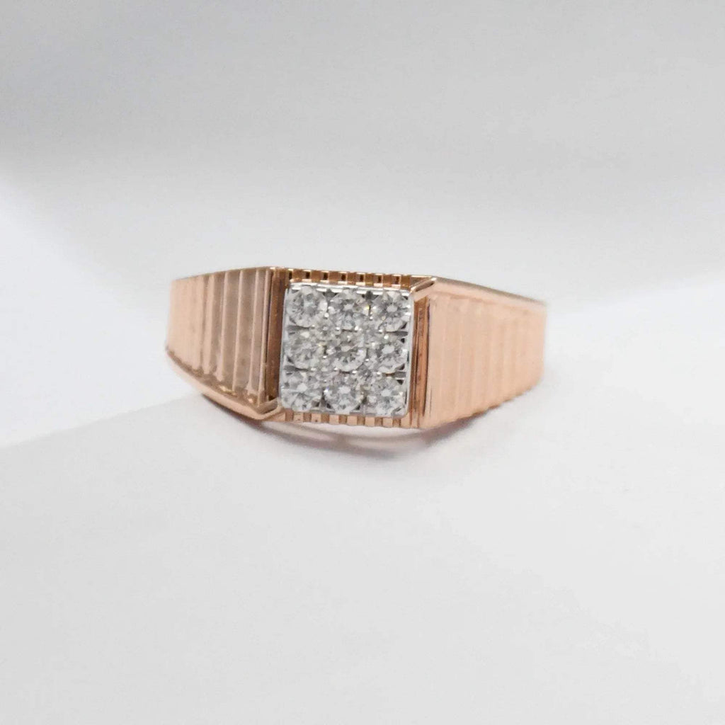 Rose gold ring with diamonds-encrusted band on a light gray background