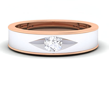 Rose gold ring with a central diamond on a white background