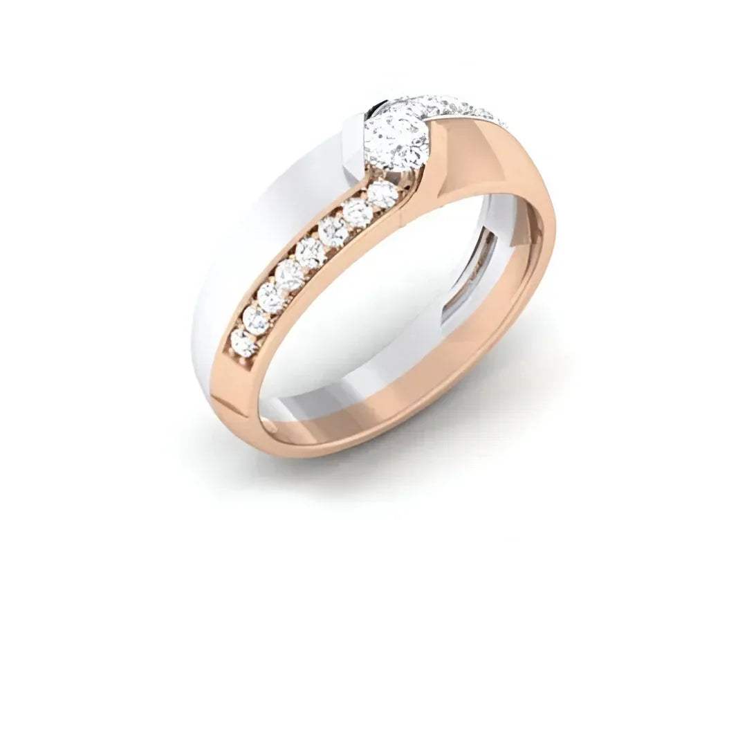 A gold band ring with a central solitaire diamond and side sparkling diamonds, displayed against a white background.