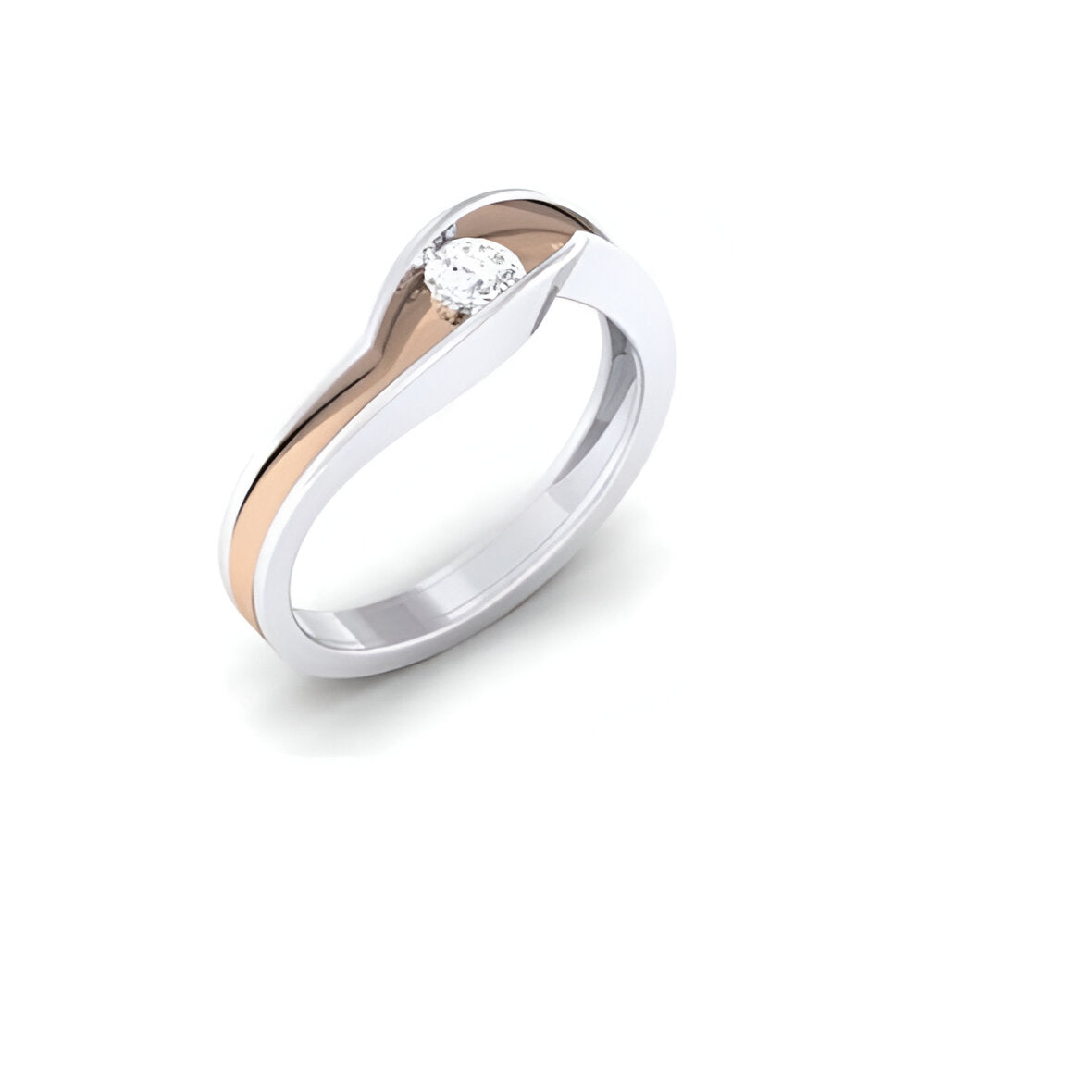 A men's solitaire diamond ring with a gold band and a single diamond positioned centrally, with a white and rose gold design.